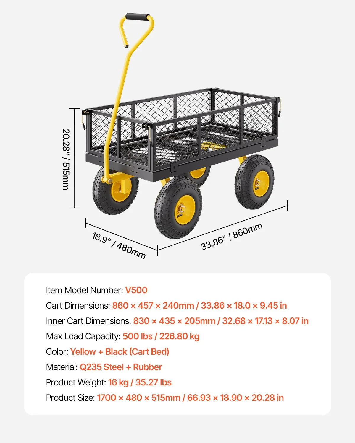 500 Lbs Steel Garden Cart, Heavy Duty Garden Wagon Cart Pullable on Wheels, Metal Yard Utility Wagon Carts with 10