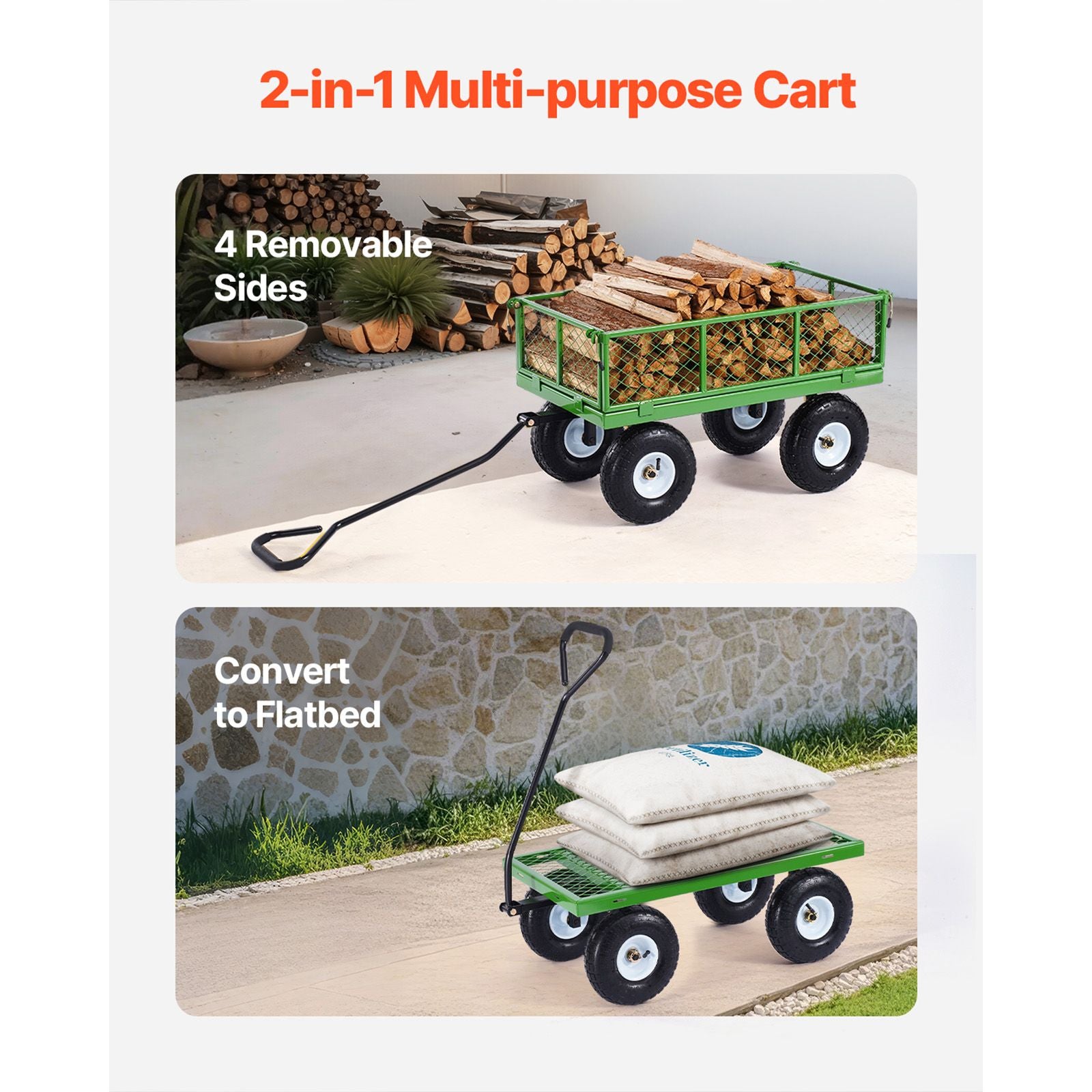 680 Lbs Steel Garden Cart on Wheels, Heavy Duty Garden Wagon Cart Pullable, Metal Outdoor Utility Yard Wagon Carts with 10