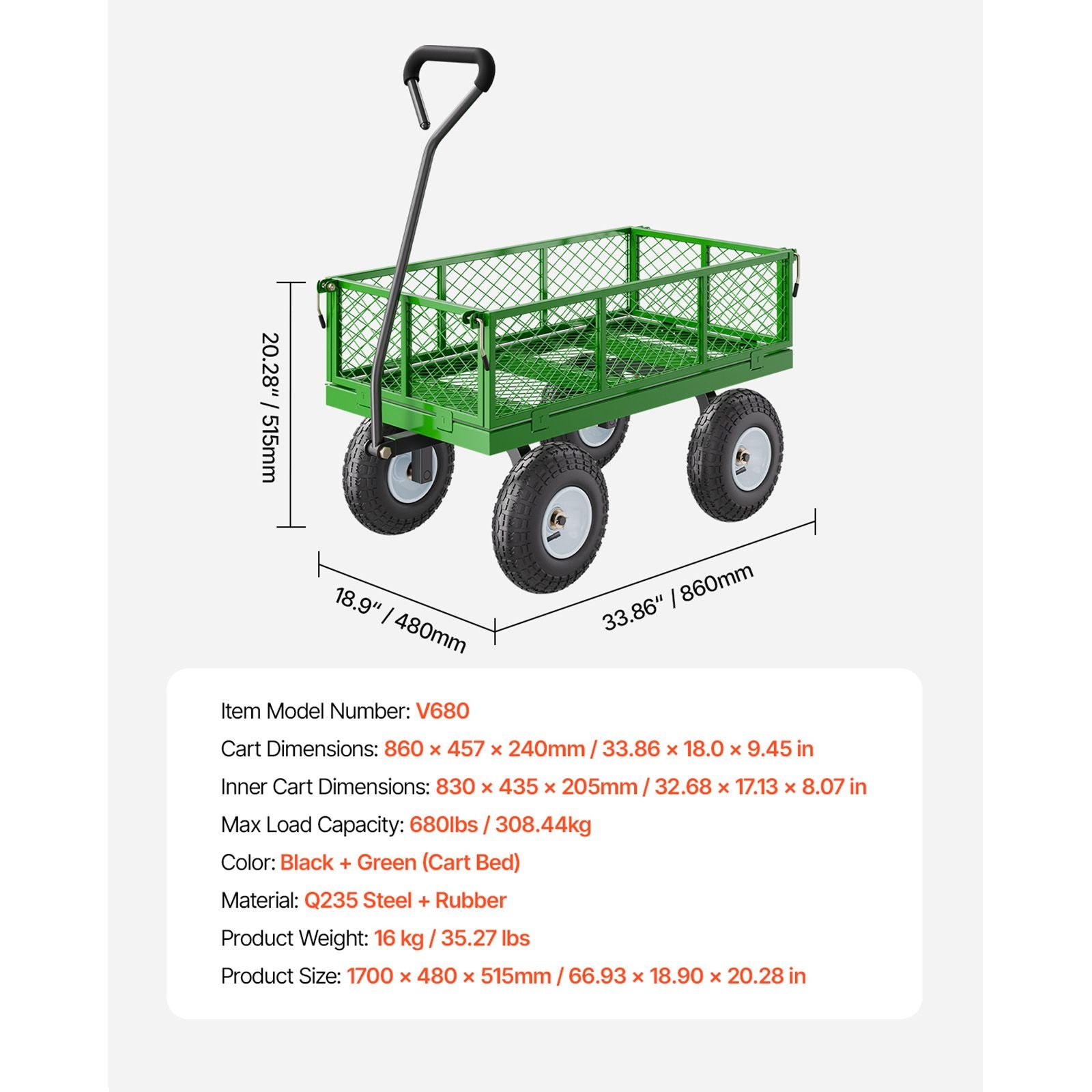 680 Lbs Steel Garden Cart on Wheels, Heavy Duty Garden Wagon Cart Pullable, Metal Outdoor Utility Yard Wagon Carts with 10