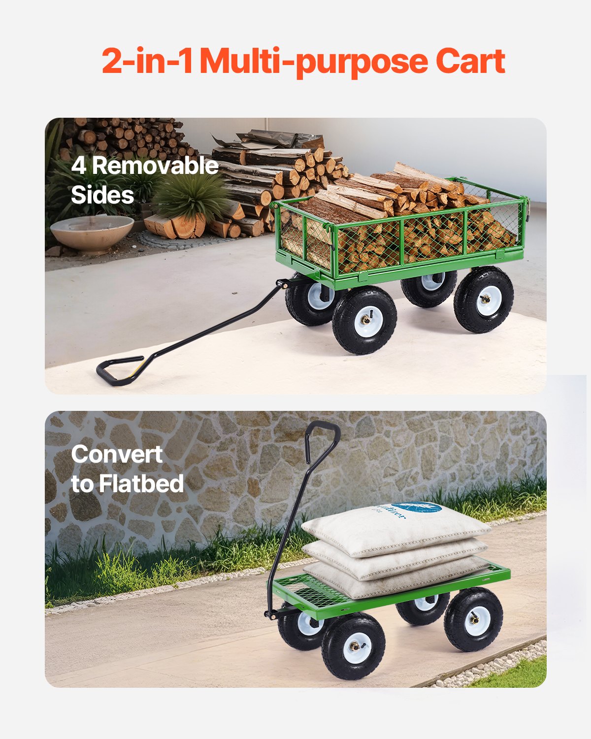 680 Lbs Steel Garden Cart on Wheels, Heavy Duty Garden Wagon Cart Pullable, Metal Outdoor Utility Yard Wagon Carts with 10