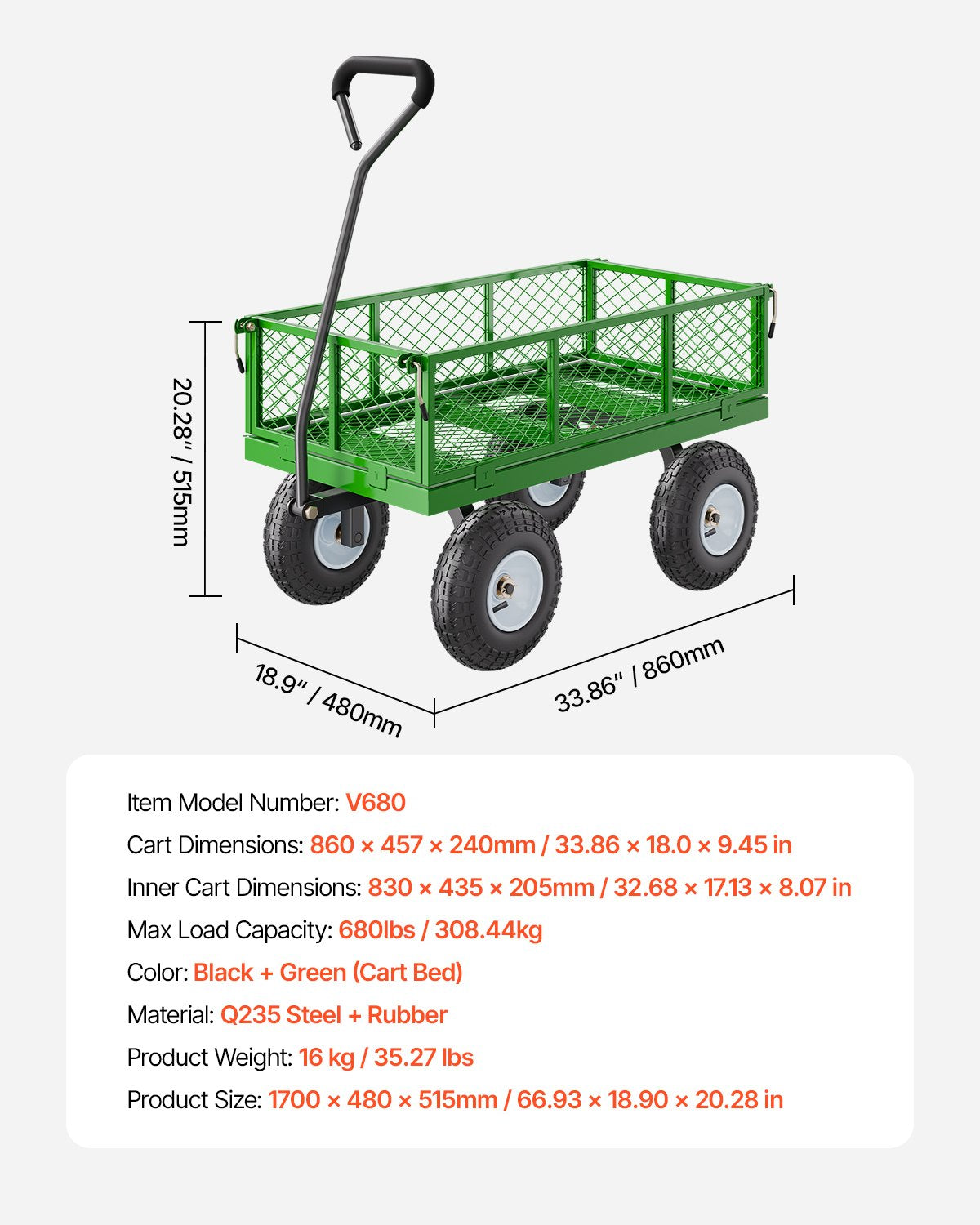 680 Lbs Steel Garden Cart on Wheels, Heavy Duty Garden Wagon Cart Pullable, Metal Outdoor Utility Yard Wagon Carts with 10