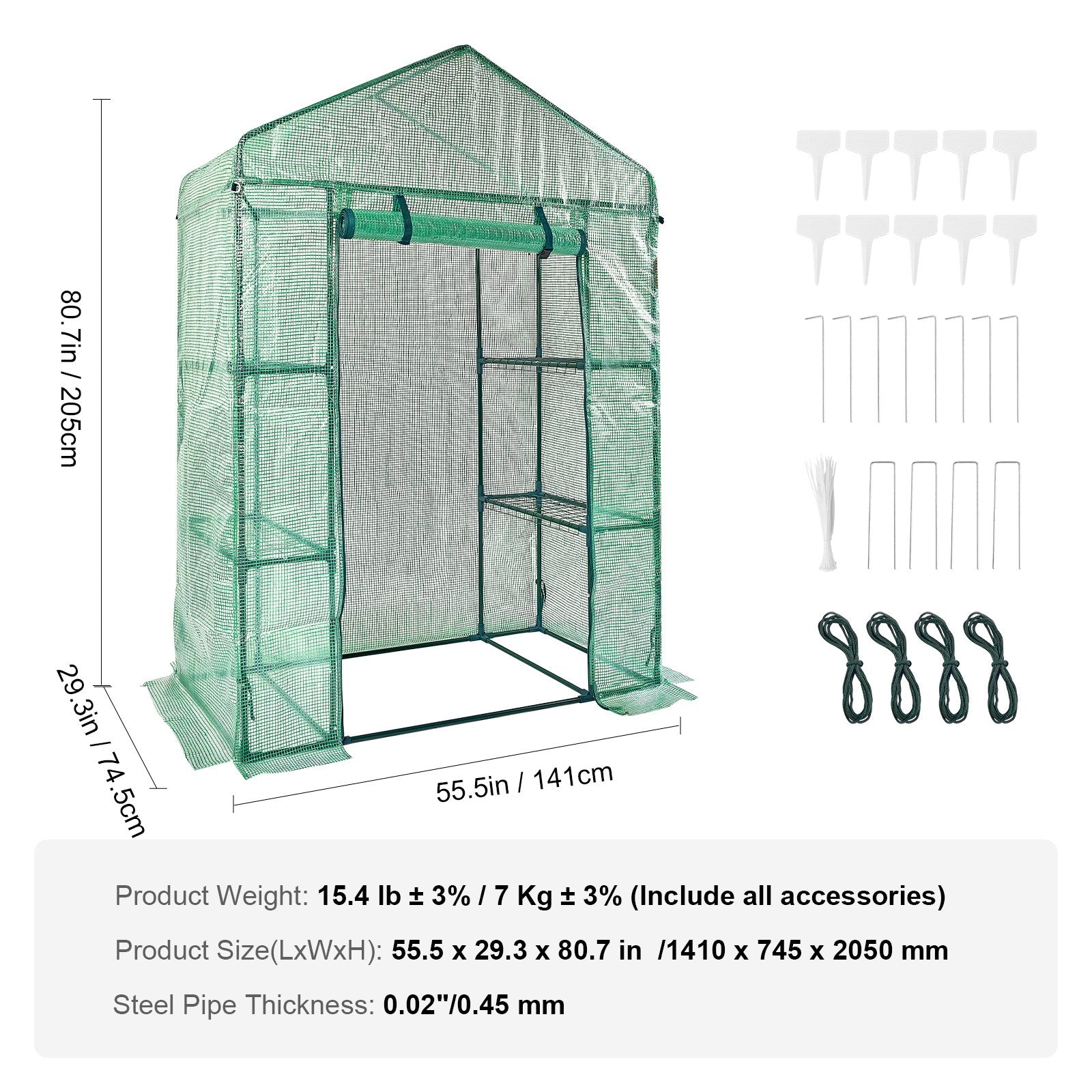 Walk-in Green House, 4.6 x 2.4 x  6.7 ft  Greenhouse with Shelves, Set Up in Minutes, High Strength PE Cover with Doors & Windows and Steel Frame, Suitable for Planting and Storage, Green