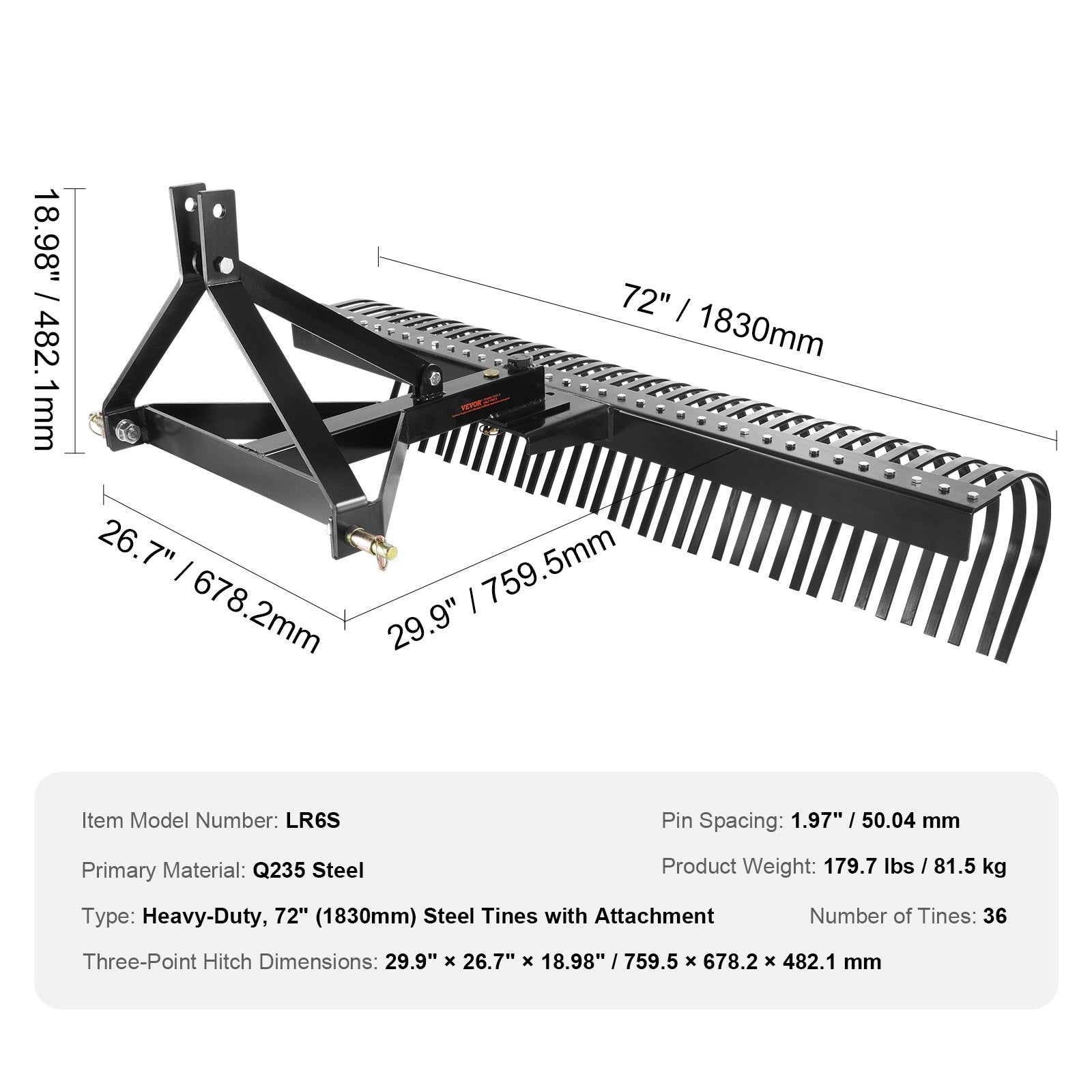 Tow Behind Dethatcher, 1.8m Tow Dethatcher with 36 Steel Tines, 3-Point Lawn Dethatcher Rake with Attachments for Tractor, Landscape Rake for Garden, Farm, Grass