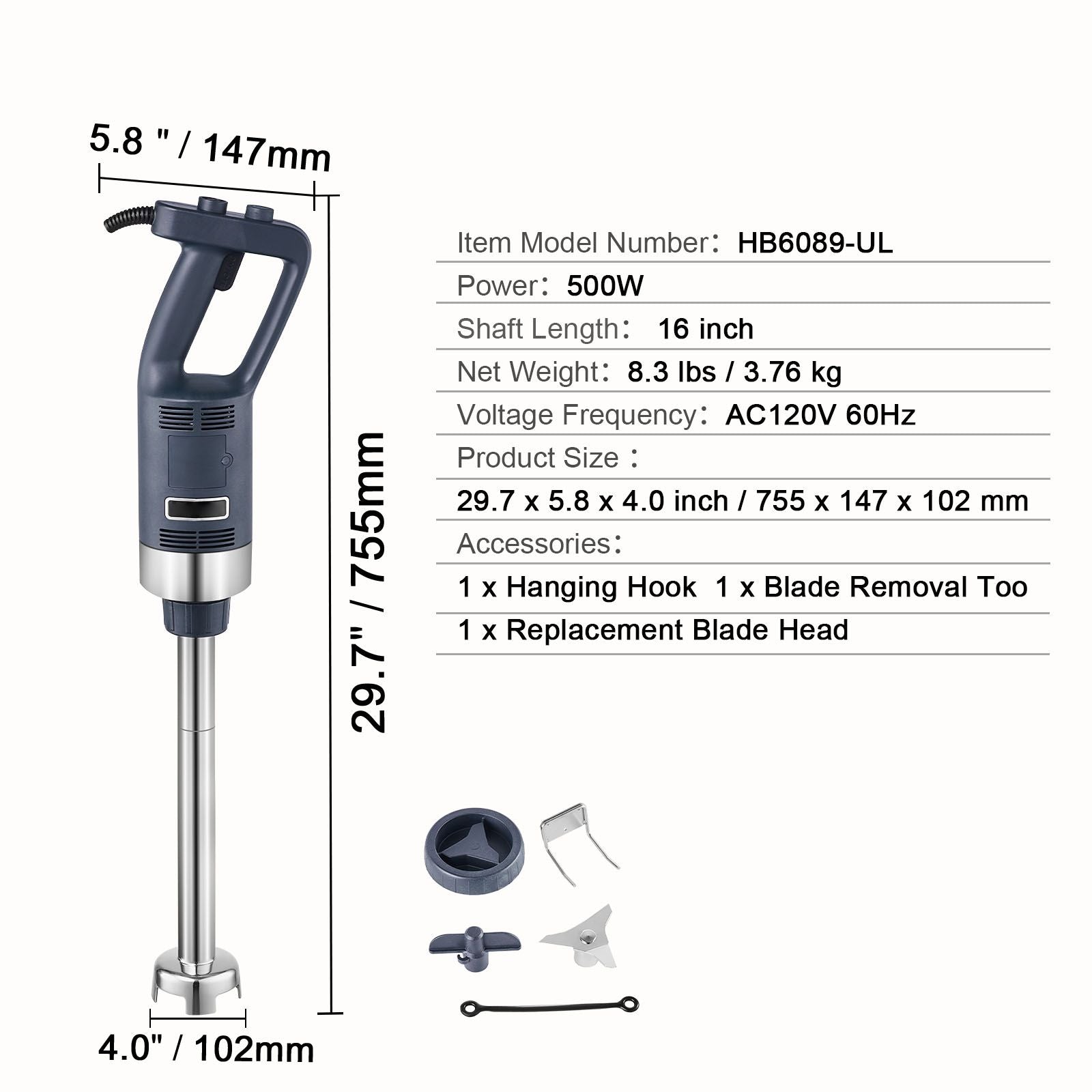 Commercial Immersion Blender 500W Heavy Duty Hand Mixer for Soup Sauces