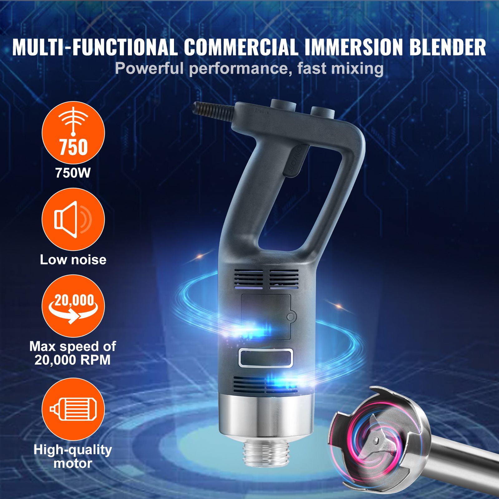 Commercial Immersion Blender Heavy Duty Hand Mixer 750W Variable Speed