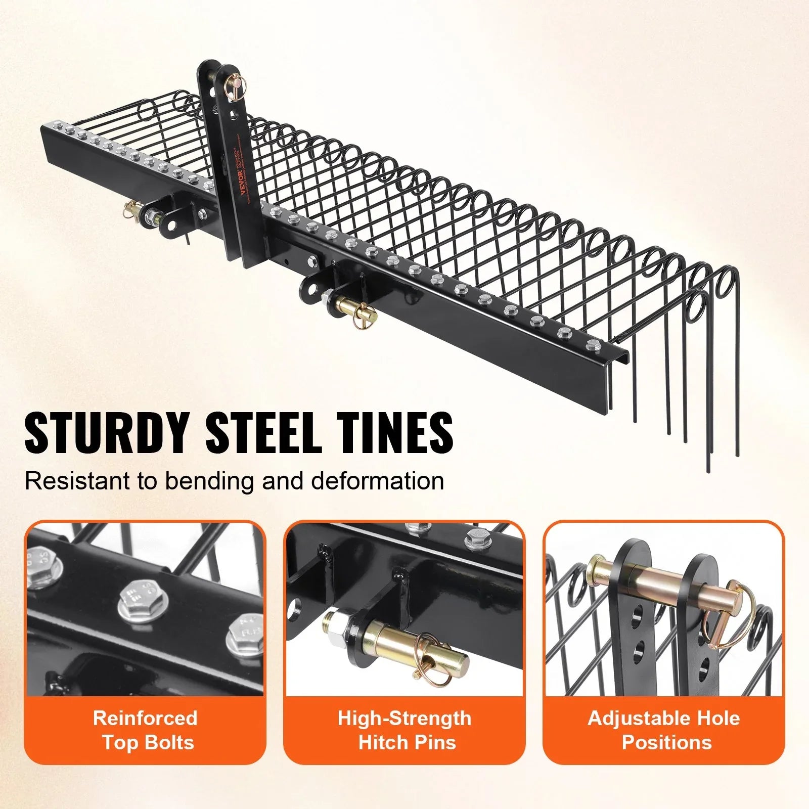 Tow Behind Landscape Rake, 1.8m Tow Dethatcher with 32 Steel Tines, Lawn Dethatcher Rake Attaches to Category 1, 3 Point Hitch for Tractor, for Leaves, Pine Needles, Straw, and Grass