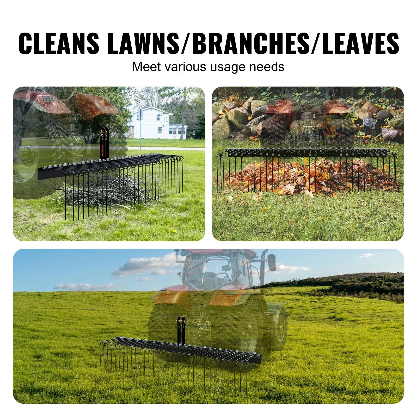 Tow Behind Landscape Rake, 1.8m Tow Dethatcher with 32 Steel Tines, Lawn Dethatcher Rake Attaches to Category 1, 3 Point Hitch for Tractor, for Leaves, Pine Needles, Straw, and Grass
