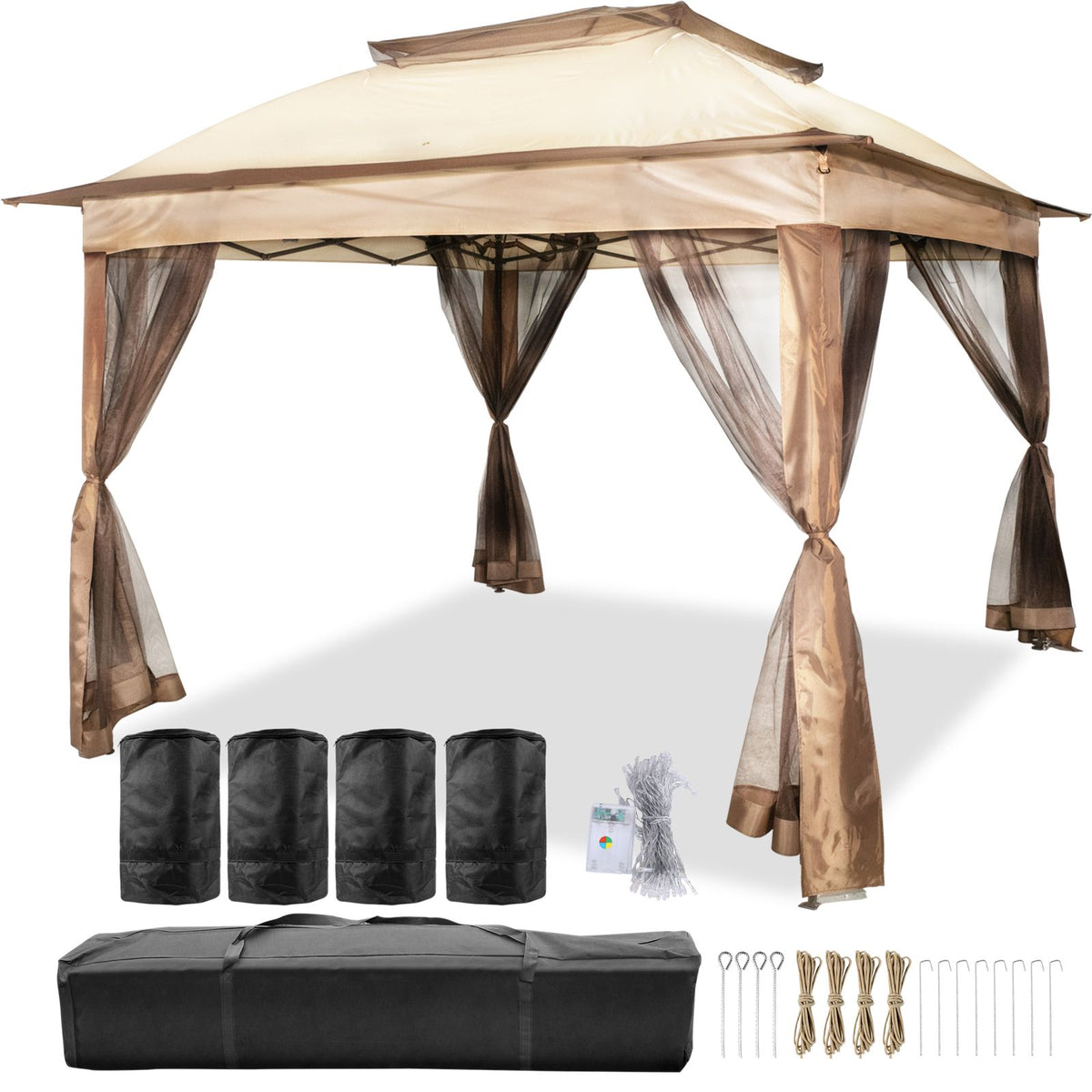 Outdoor Gazebo Canopy Tent 11x11ft Portable Shelter with Netting Brown