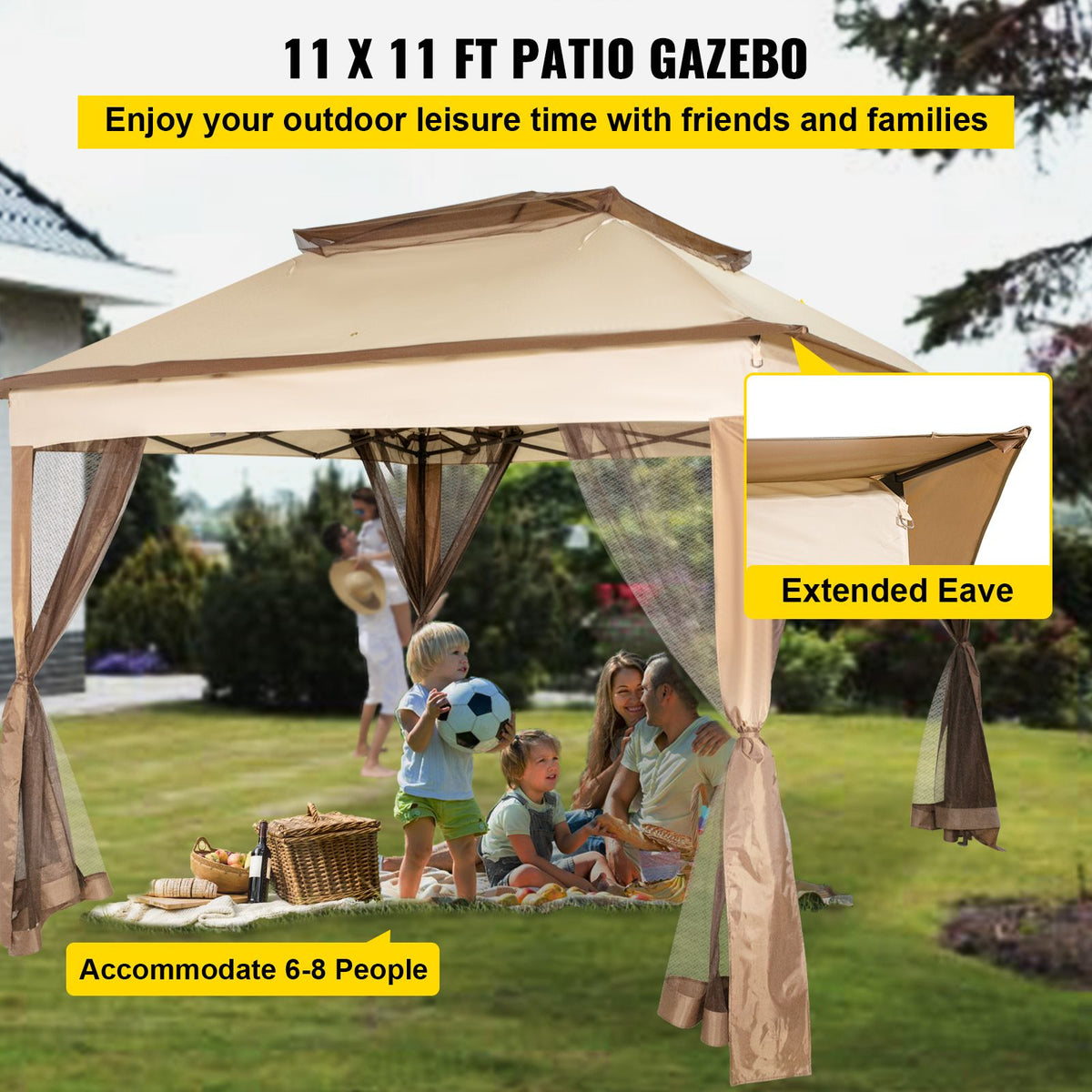Outdoor Gazebo Canopy Tent 11x11ft Portable Shelter with Netting Brown