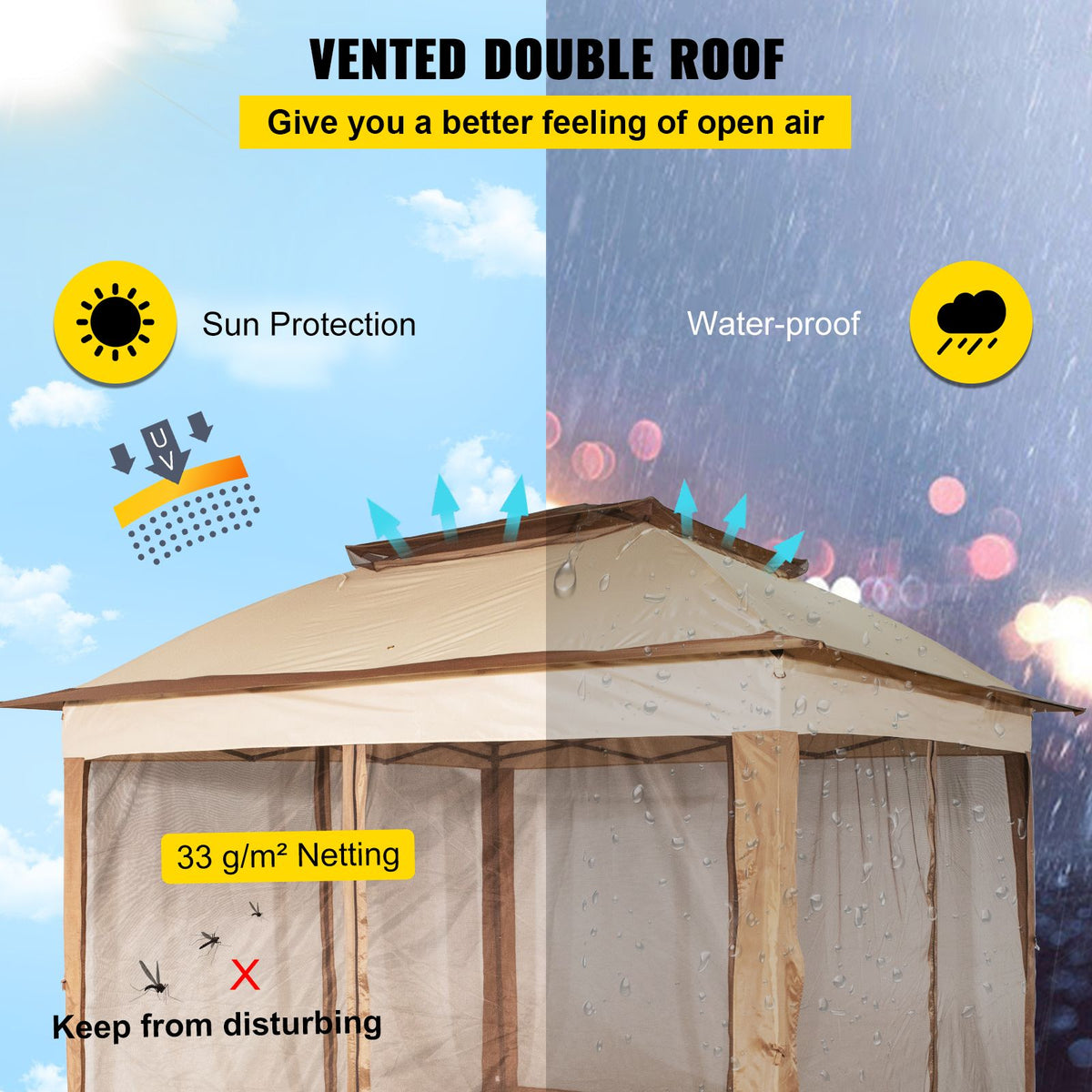 Outdoor Gazebo Canopy Tent 11x11ft Portable Shelter with Netting Brown