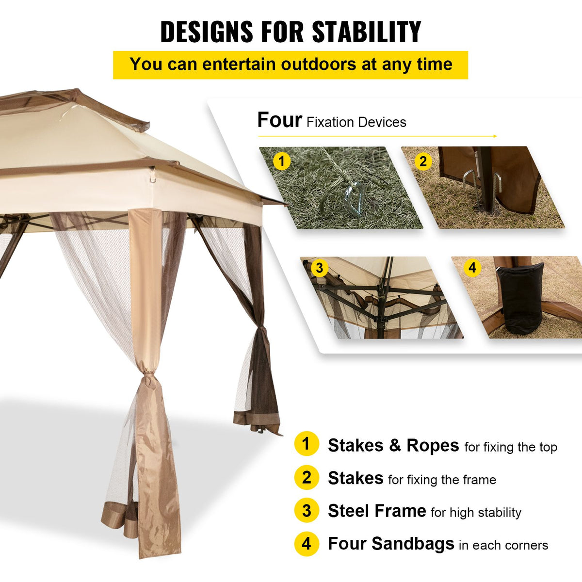 Outdoor Gazebo Canopy Tent 11x11ft Portable Shelter with Netting Brown