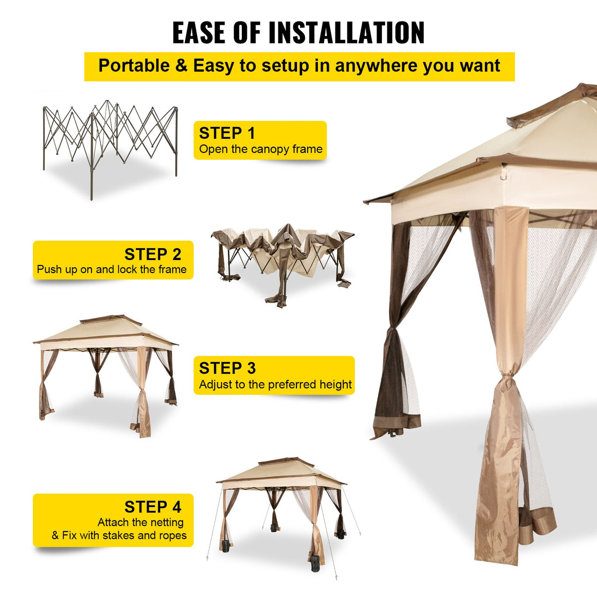 Outdoor Gazebo Canopy Tent 11x11ft Portable Shelter with Netting Brown