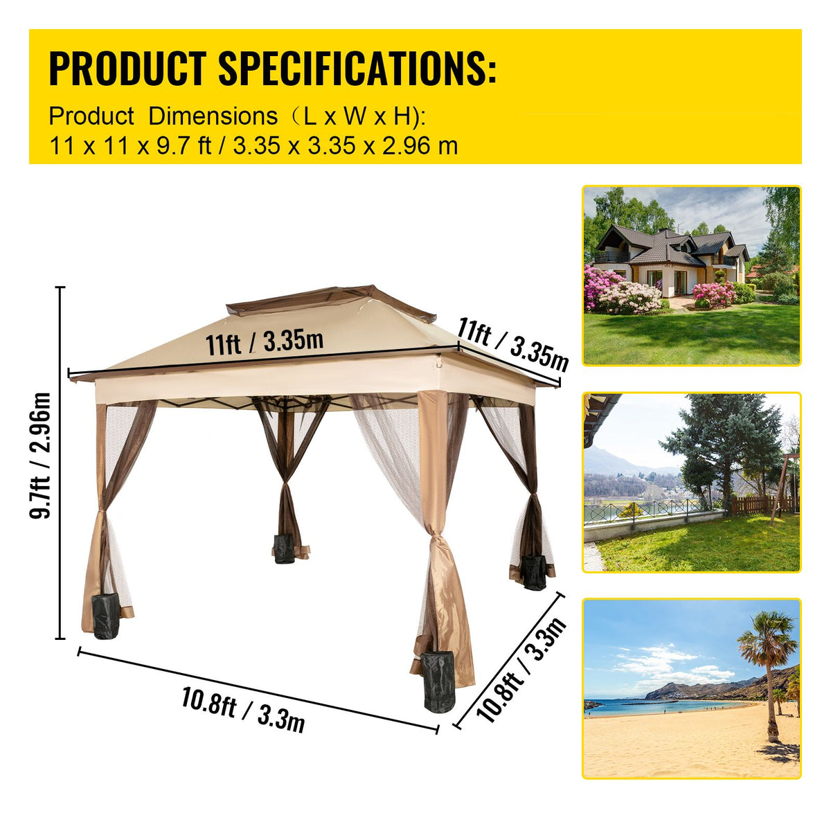 Outdoor Gazebo Canopy Tent 11x11ft Portable Shelter with Netting Brown