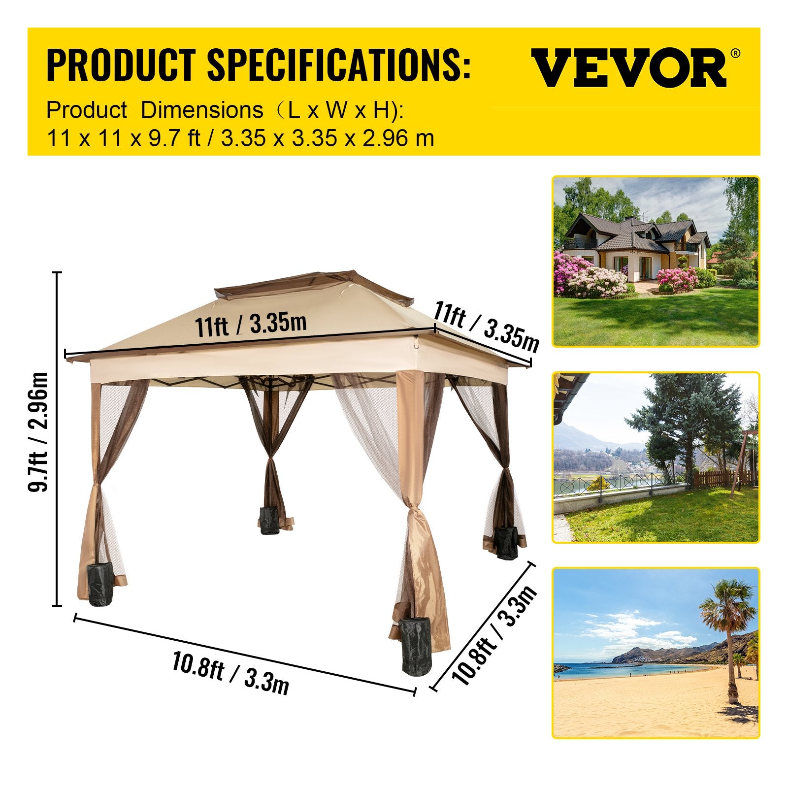 Outdoor Canopy Gazebo Tent, Portable Canopy Shelter with 11\'x11\' Large Shade Space for Party, Backyard, Patio Lawn and Garden, 4 Sandbags, Carrying Bag and Netting Included, Brown