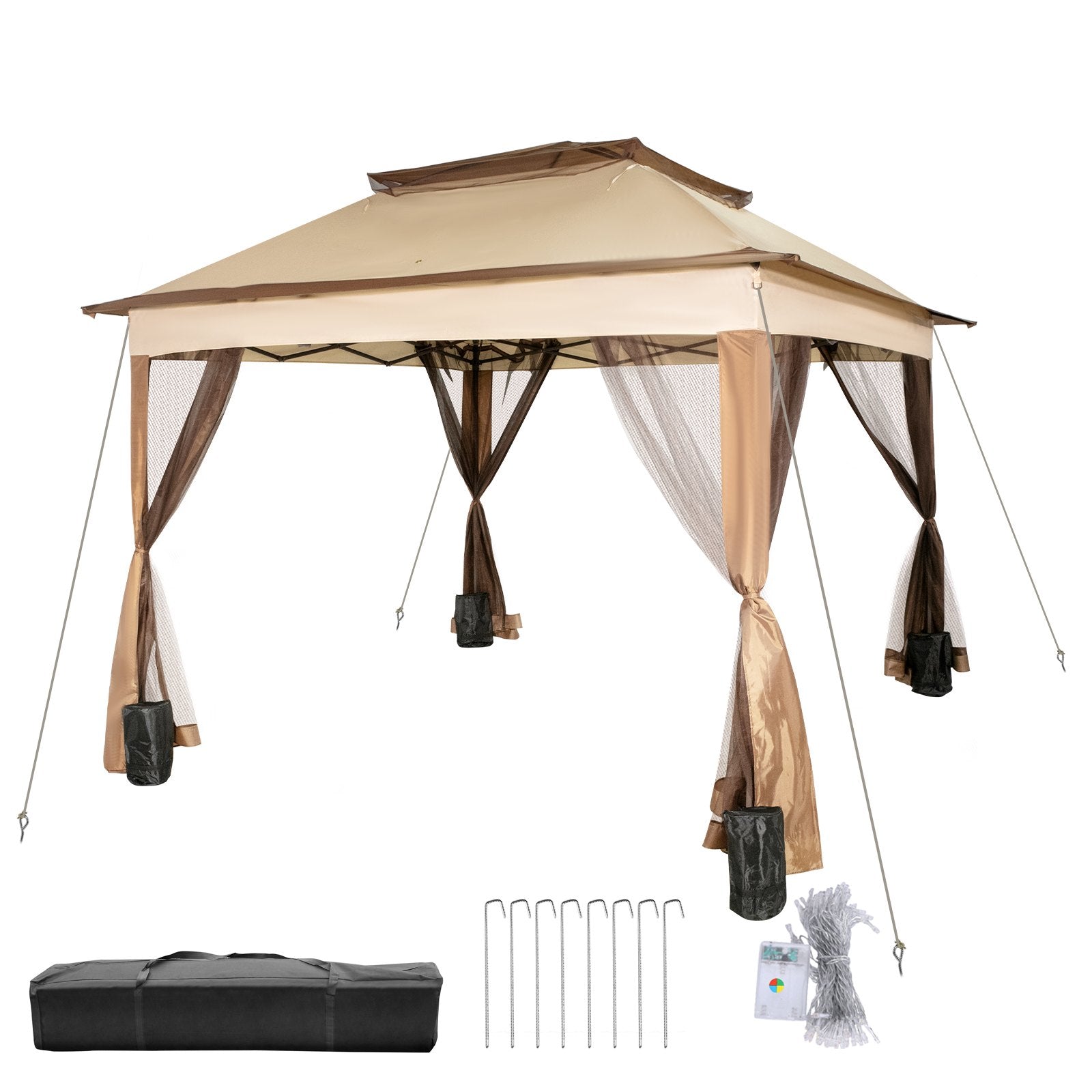 Outdoor Canopy Gazebo Tent, Portable Canopy Shelter with 11\'x11\' Large Shade Space for Party, Backyard, Patio Lawn and Garden, 4 Sandbags, Carrying Bag and Netting Included, Brown