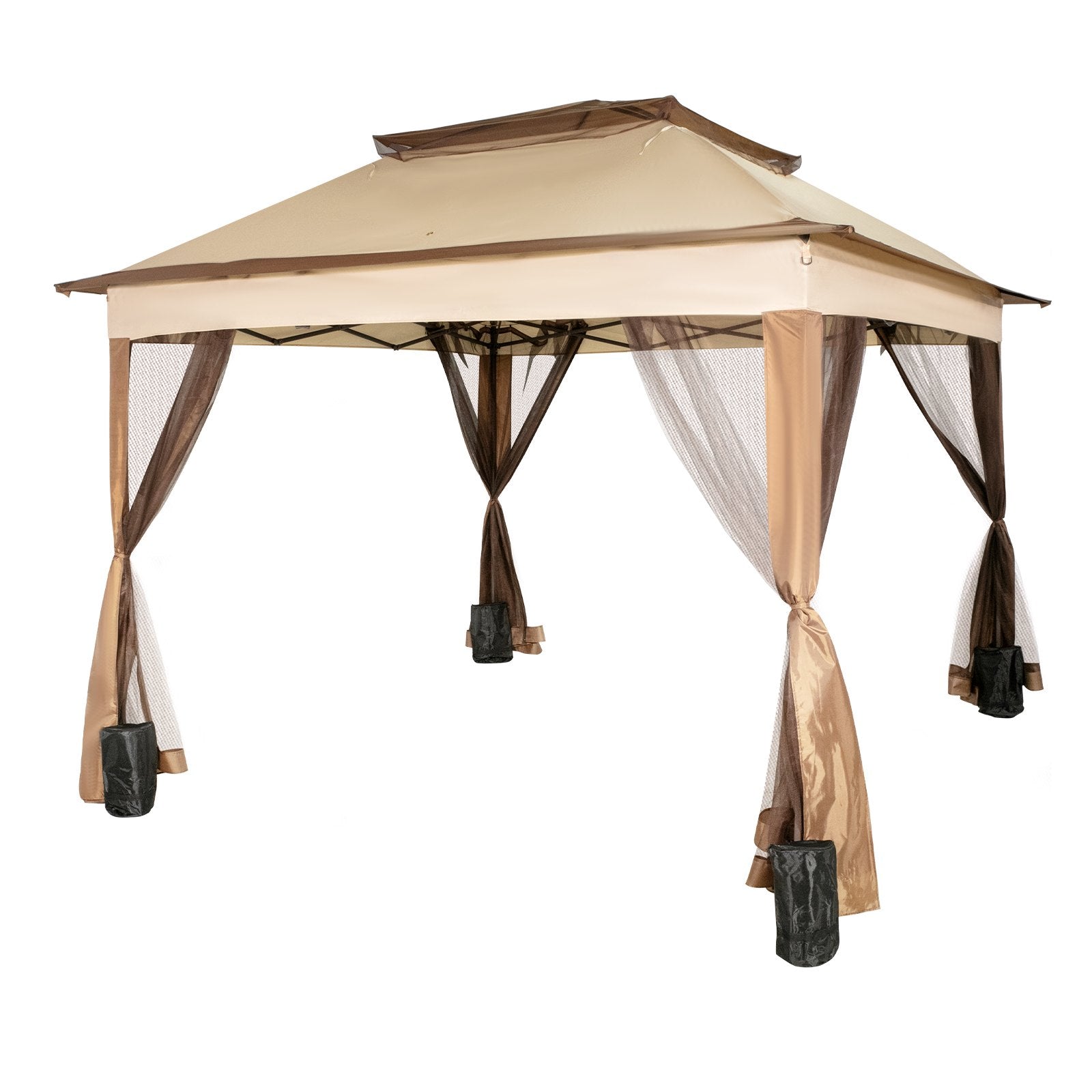 Outdoor Canopy Gazebo Tent, Portable Canopy Shelter with 11\'x11\' Large Shade Space for Party, Backyard, Patio Lawn and Garden, 4 Sandbags, Carrying Bag and Netting Included, Brown