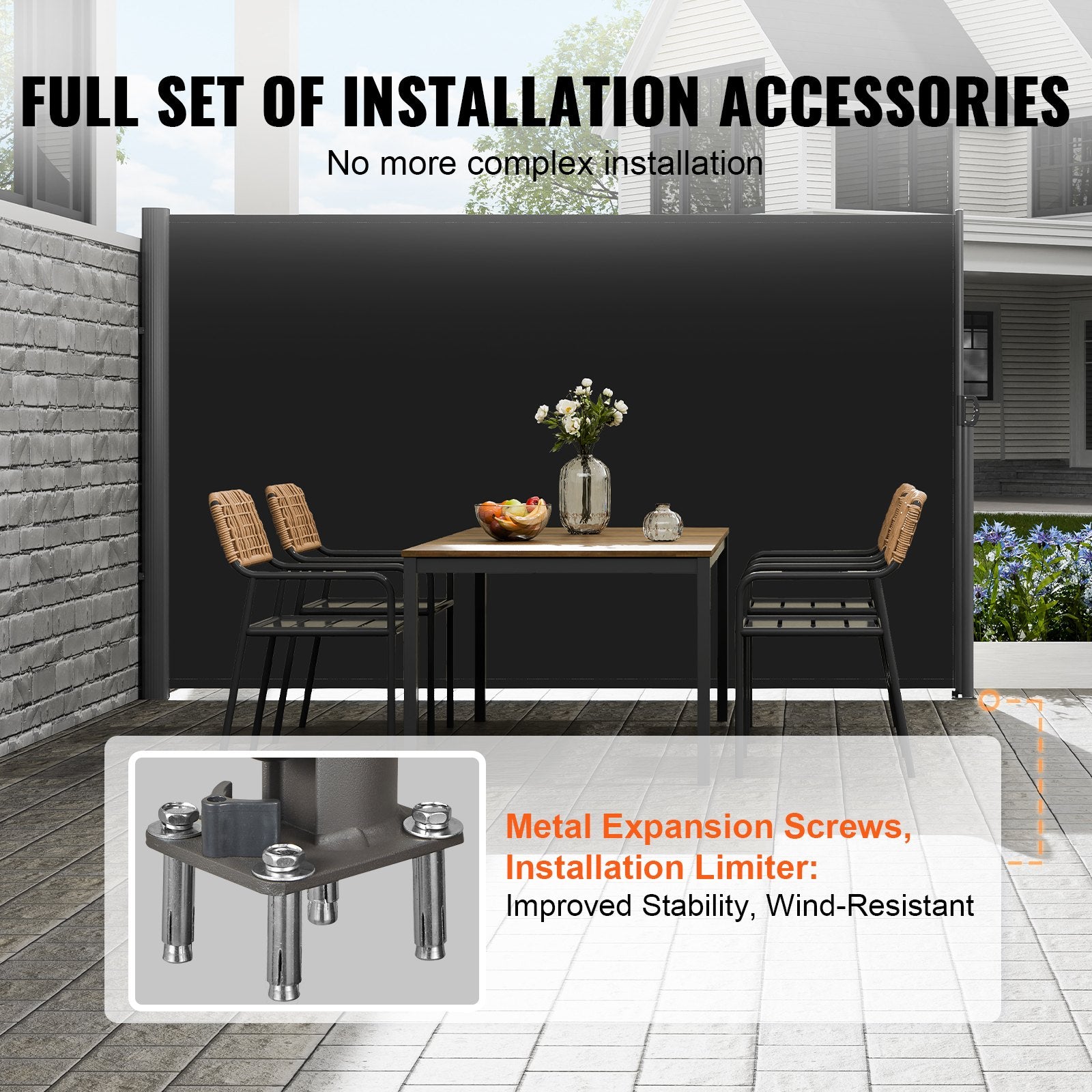 VEVOR Retractable Side Awning, 160X300cm Aluminum Outdoor Privacy Screen, 280g Polyester Water-proof Retractable Patio Screen, UV 30+ Room Divider Wind Screen for Patio, Backyard, Balcony, Black