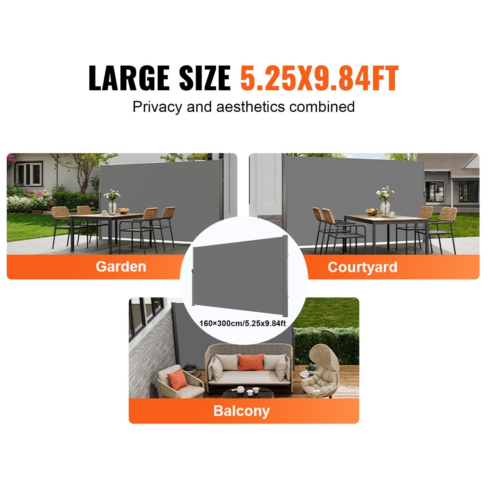 Retractable Side Awning 160x300cm Outdoor Privacy Screen UV30+ Gray
