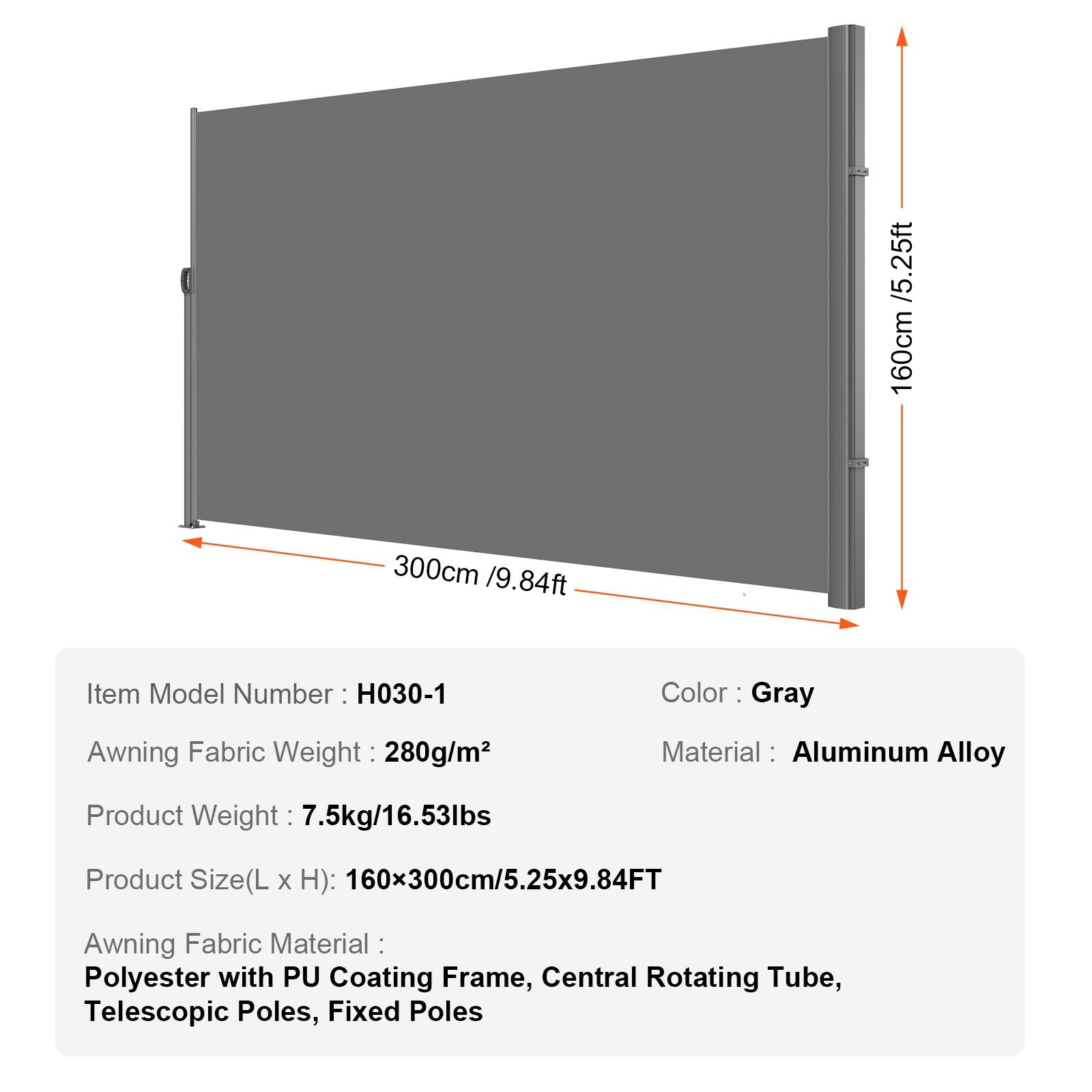 Retractable Side Awning 160x300cm Outdoor Privacy Screen UV30+ Gray