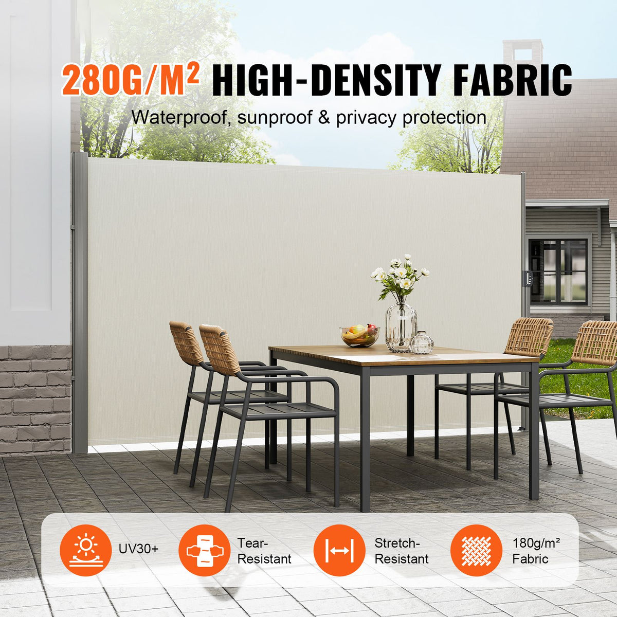 160x300cm Retractable Side Awning Outdoor Privacy Screen Beige UV Resistant
