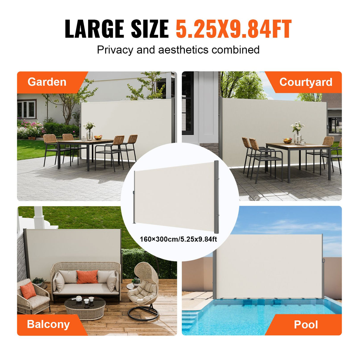 160x300cm Retractable Side Awning Outdoor Privacy Screen Beige UV Resistant