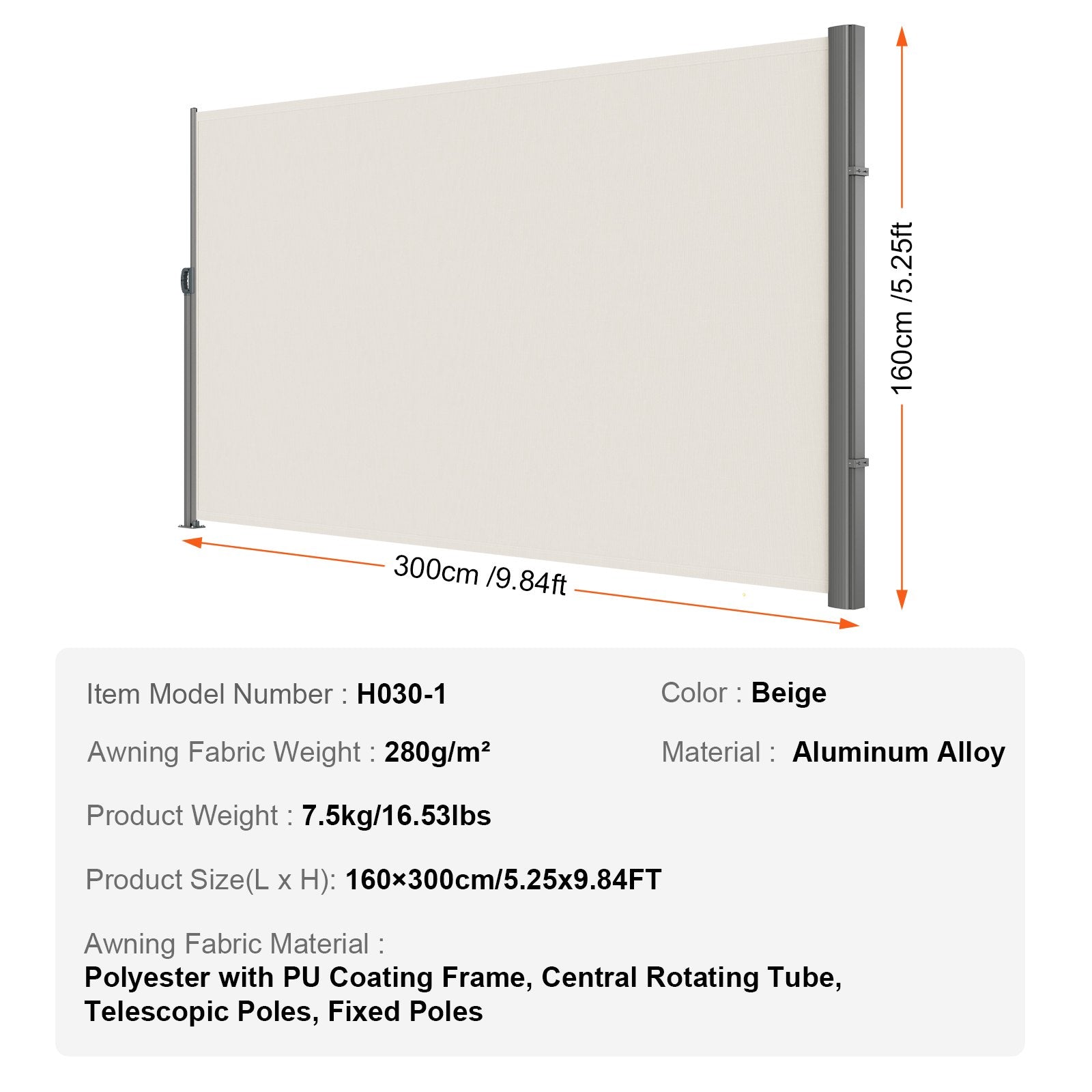 VEVOR Retractable Side Awning,160X300cm Aluminum Outdoor Privacy Screen, 280g Polyester Water-proof Retractable Patio Screen, UV 30+ Room Divider Wind Screen for Patio, Backyard, Balcony, Beige