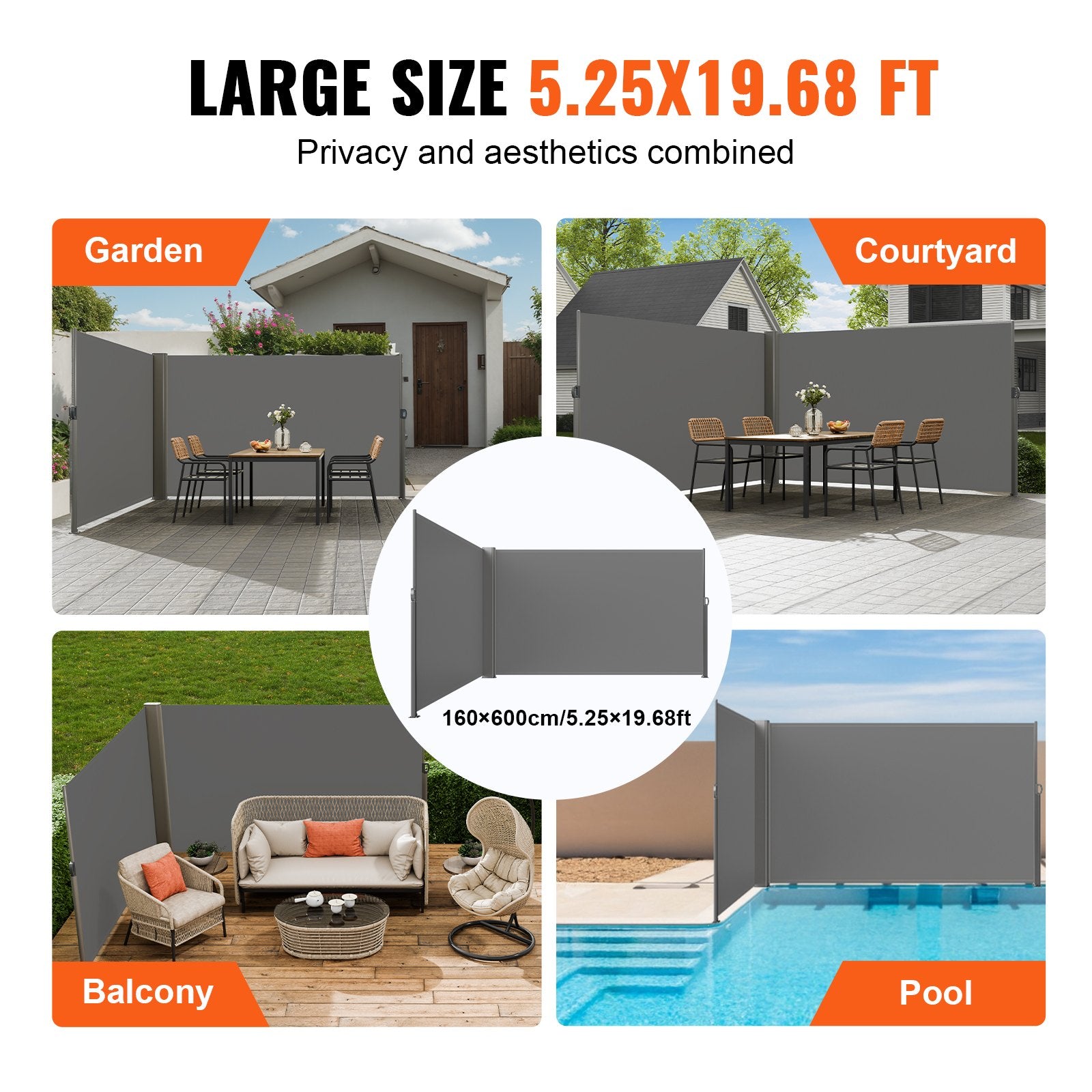 VEVOR Retractable Side Awning, 160X600cm Aluminum Outdoor Privacy Screen, 280g Polyester Water-proof Retractable Patio Screen, UV 30+ Room Divider Wind Screen for Patio, Backyard, Balcony, Gray