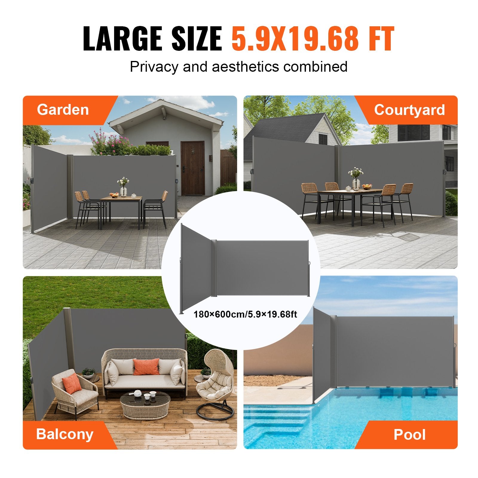VEVOR Retractable Side Awning, 180X600cm Aluminum Outdoor Privacy Screen, 280g Polyester Water-proof Retractable Patio Screen, UV 30+ Room Divider Wind Screen for Patio, Backyard, Balcony, Gray