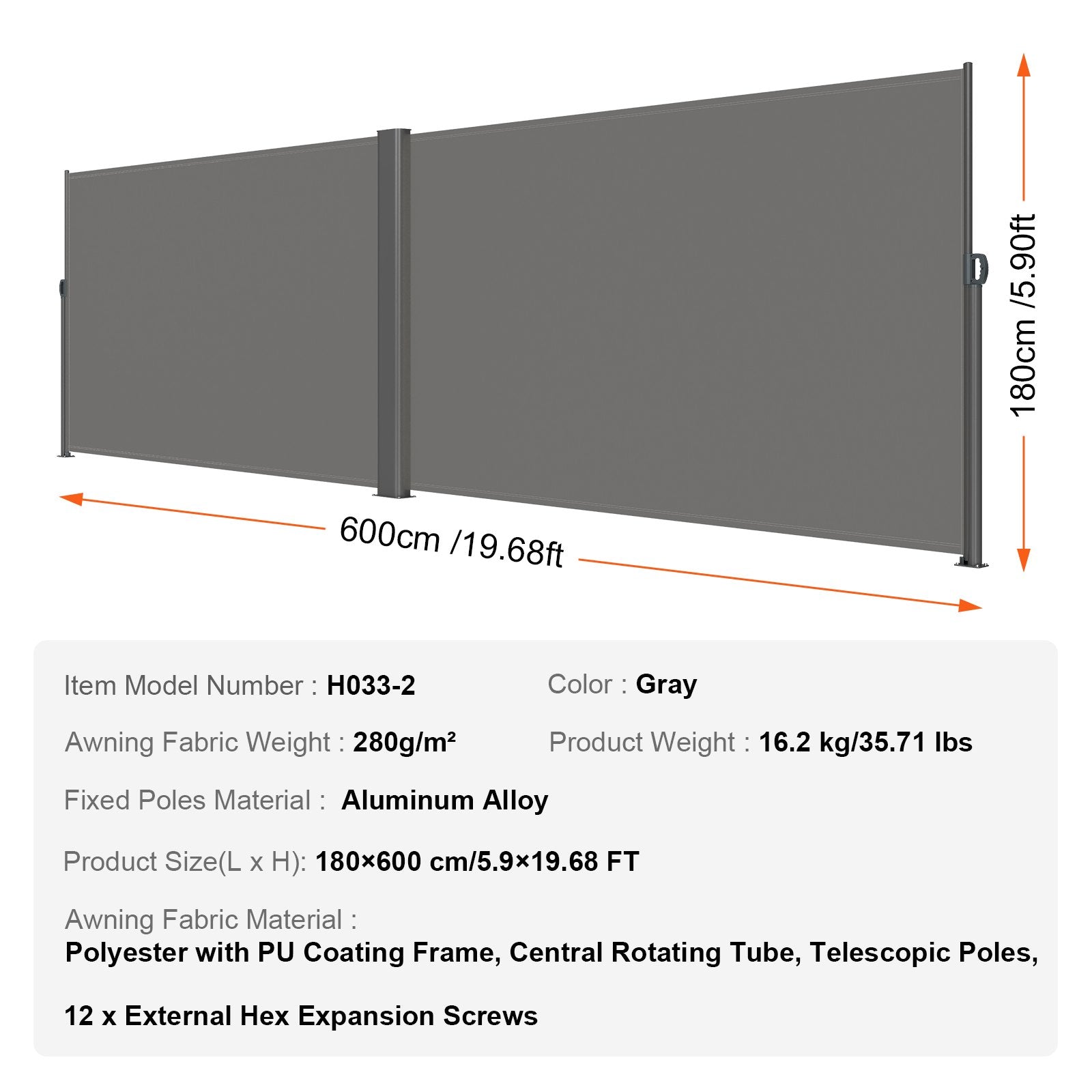 VEVOR Retractable Side Awning, 180X600cm Aluminum Outdoor Privacy Screen, 280g Polyester Water-proof Retractable Patio Screen, UV 30+ Room Divider Wind Screen for Patio, Backyard, Balcony, Gray