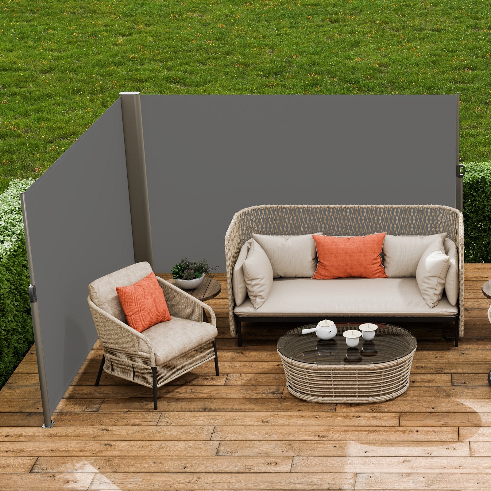 VEVOR Retractable Side Awning, 180X600cm Aluminum Outdoor Privacy Screen, 280g Polyester Water-proof Retractable Patio Screen, UV 30+ Room Divider Wind Screen for Patio, Backyard, Balcony, Gray