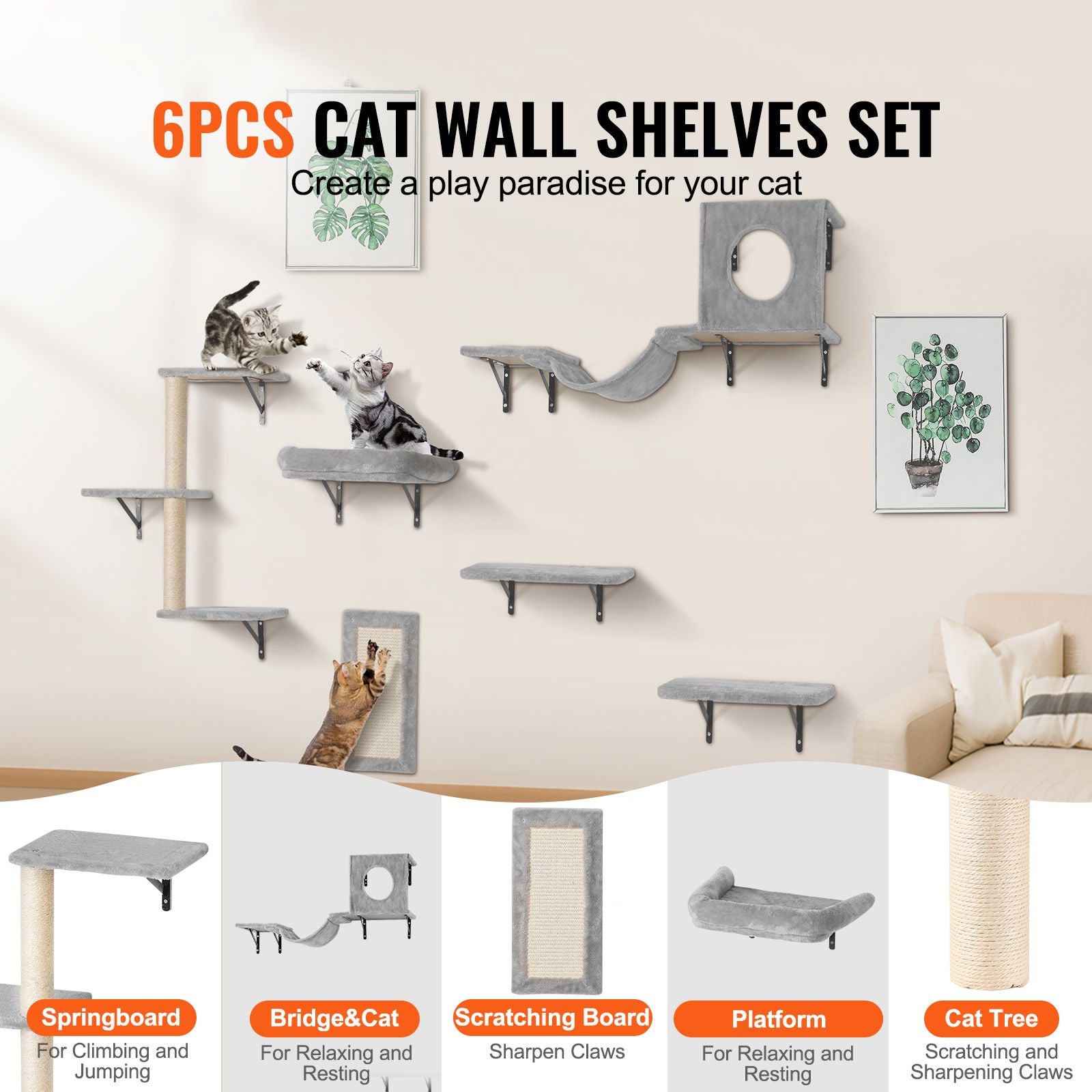 Wall Mounted Cat Shelves Set of 6 Cat Tree Hammock Perches Furniture