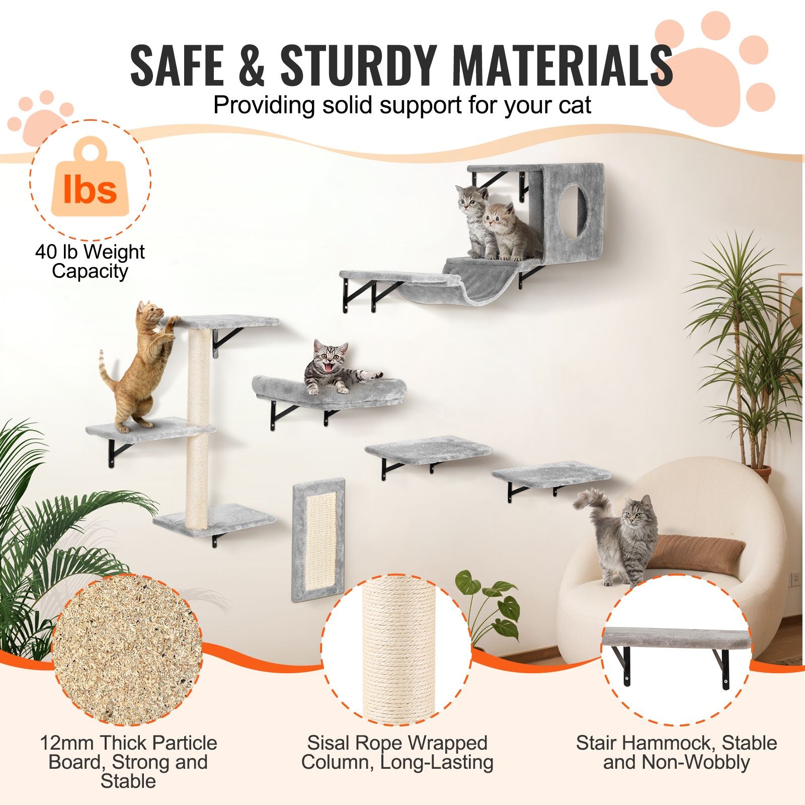 Wall Mounted Cat Shelves Set of 6 Cat Tree Hammock Perches Furniture