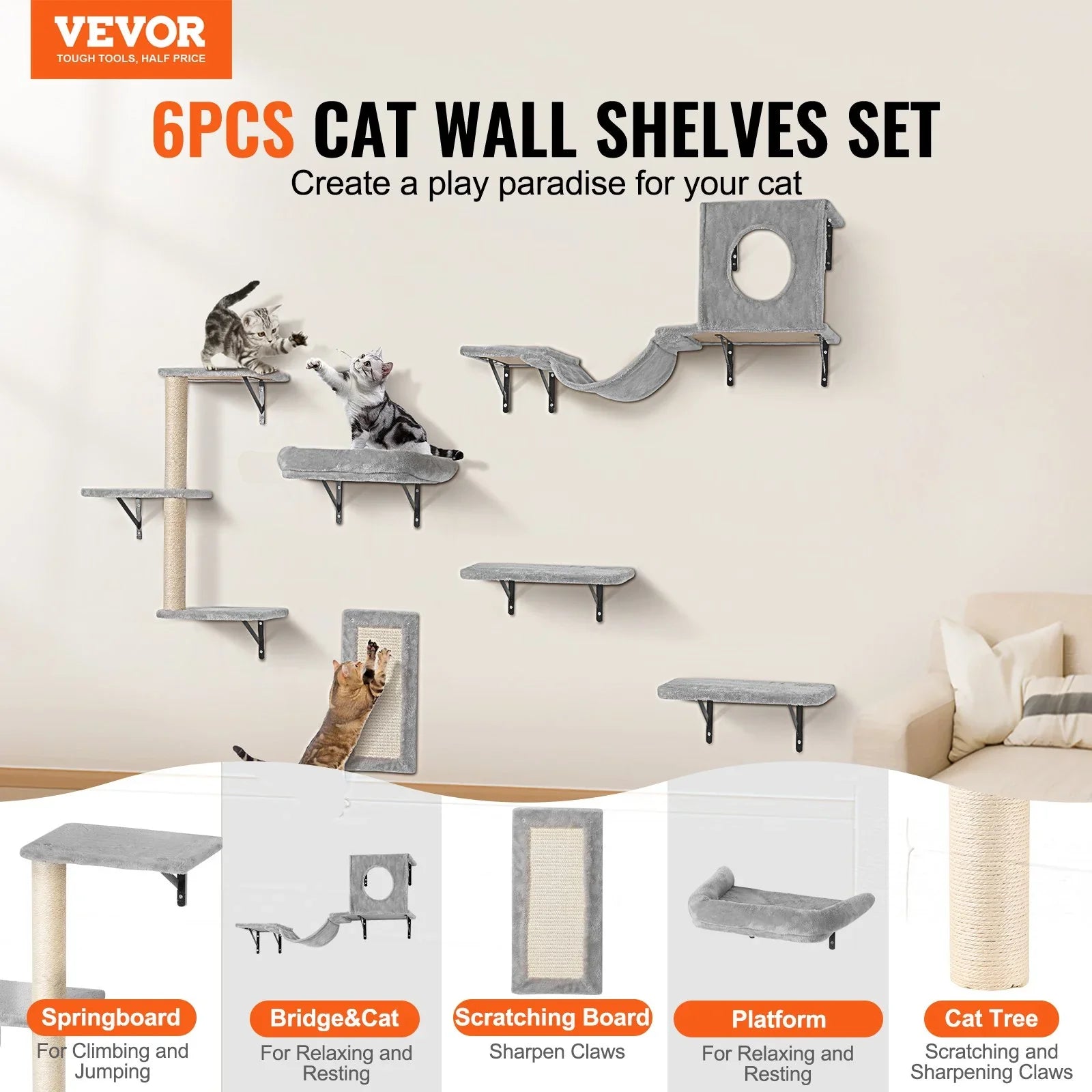 Wall Mounted Cat Shelves, Cat Wall Shelves and Perches with Jumping Boards, Hammock, Sofa, Cat Tree & Cat Grip, Cat Furniture and Shelves up to 40 lbs for Sleeping, Playing, Climbing, Set of 6