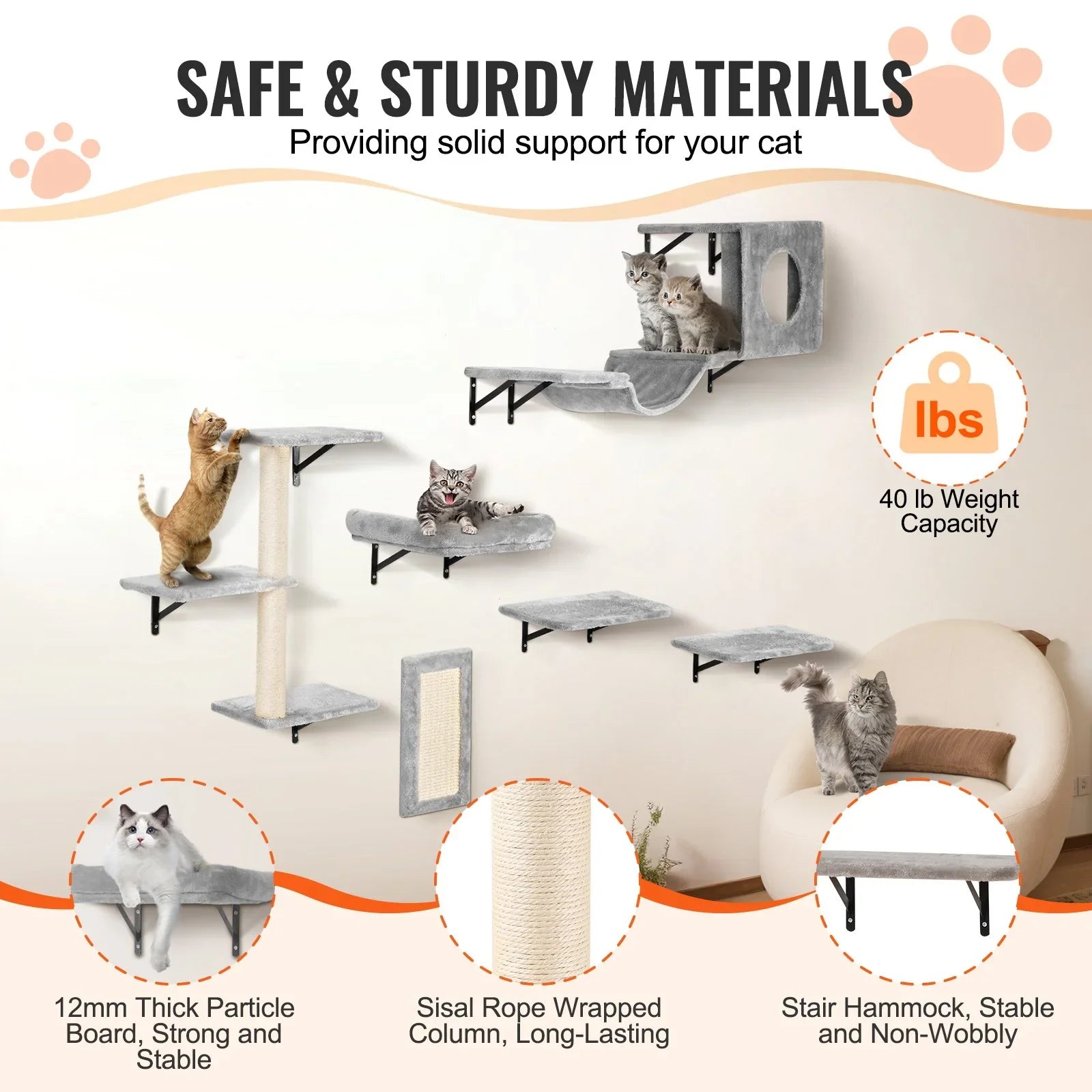 Wall Mounted Cat Shelves, Cat Wall Shelves and Perches with Jumping Boards, Hammock, Sofa, Cat Tree & Cat Grip, Cat Furniture and Shelves up to 40 lbs for Sleeping, Playing, Climbing, Set of 6