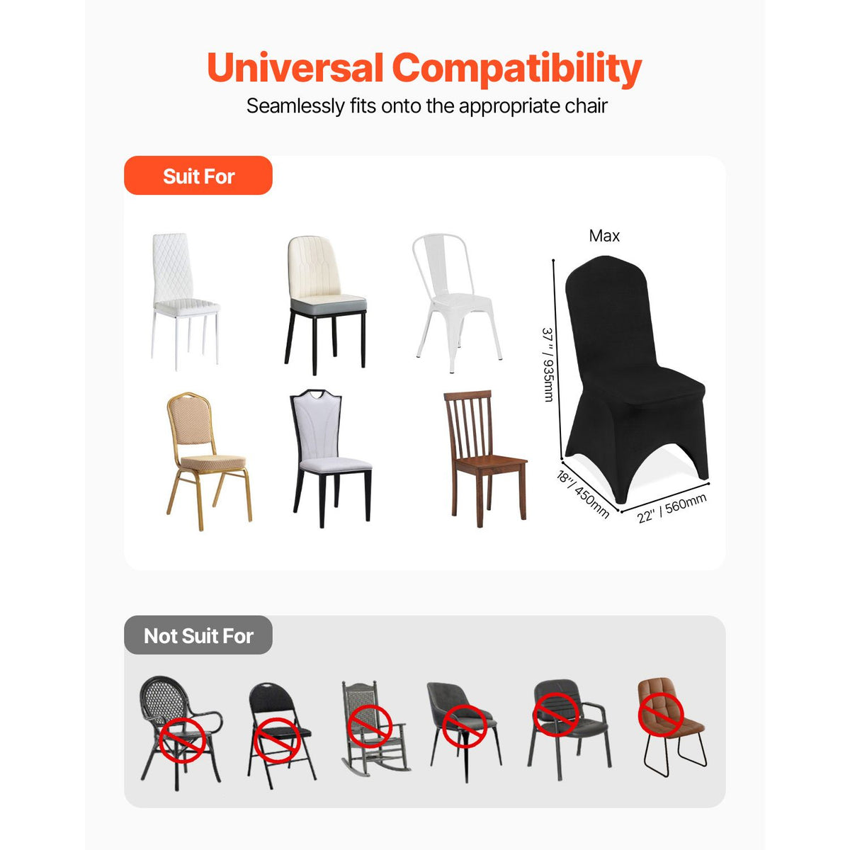 50-Pack Black Spandex Chair Covers for Wedding Party Banquet, Stretch Set