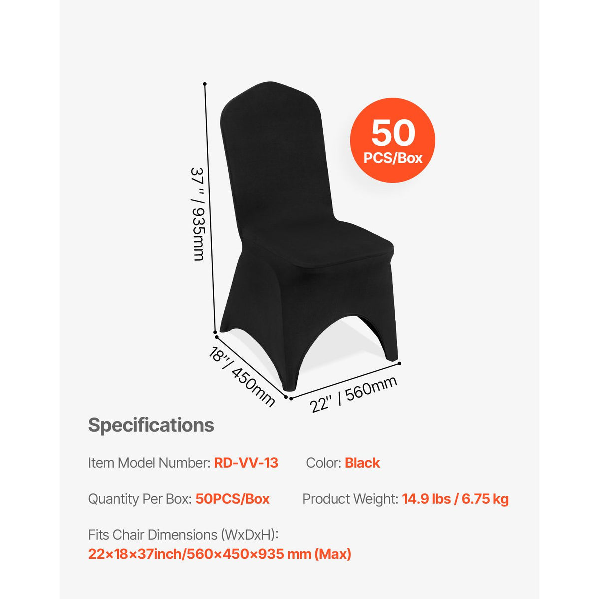 50-Pack Black Spandex Chair Covers for Wedding Party Banquet, Stretch Set