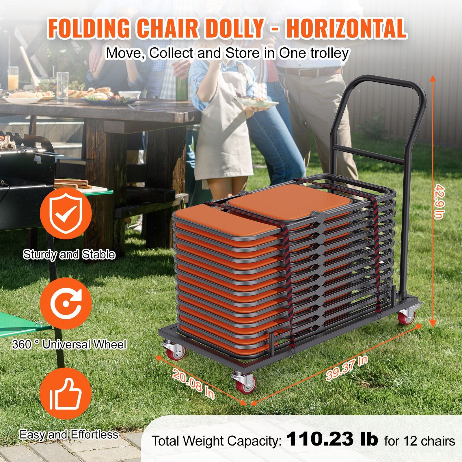 Folding Chair Storage Dolly 12 Chair Capacity Heavy Duty Iron Rack Cart Trolley