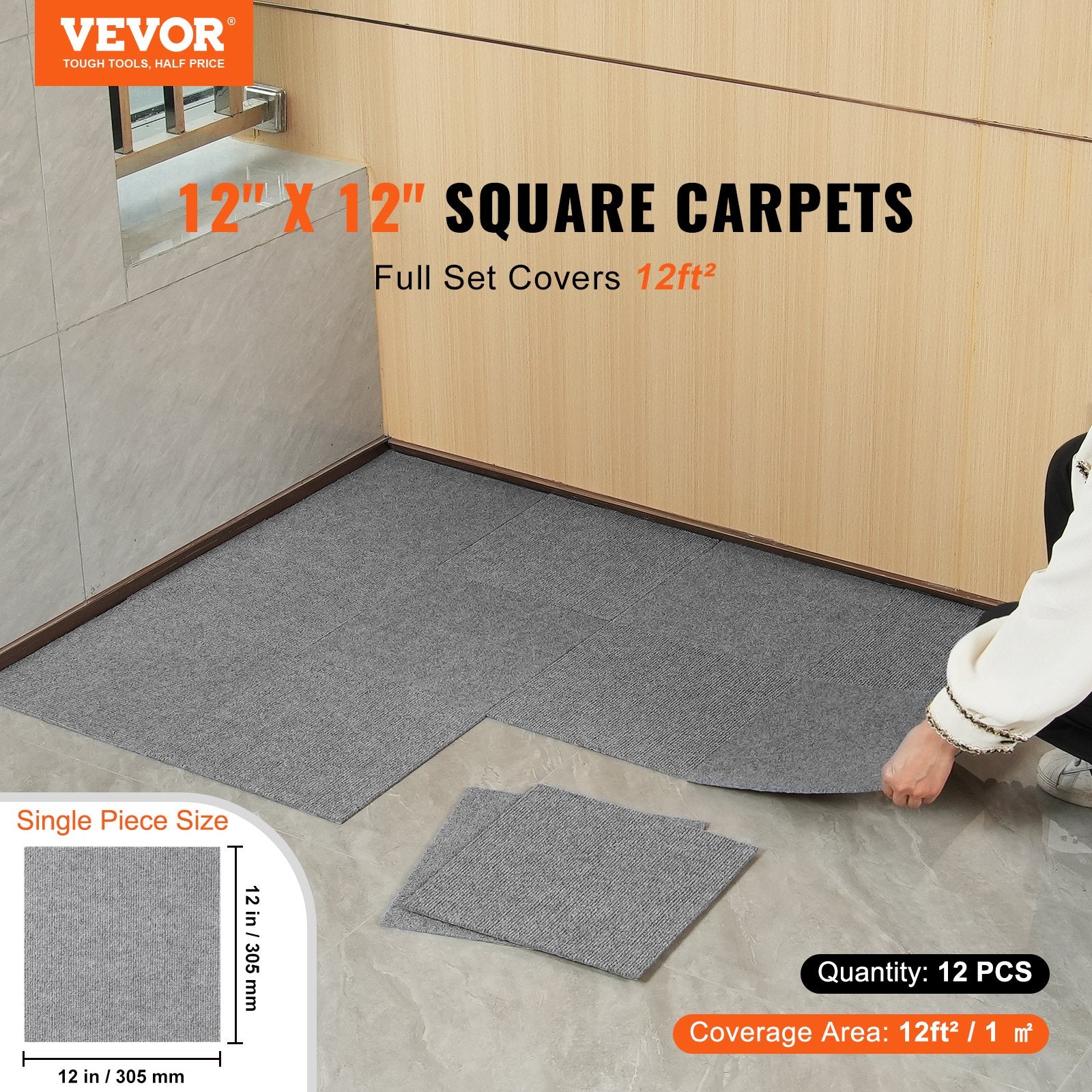 Carpet Tiles Peel and Stick, Squares Self Adhesive Carpet Floor Tile, Soft Padded Carpet Tiles, Easy Install DIY for Bedroom Living Room Indoor Outdoor (12 Tiles, Light Gray)