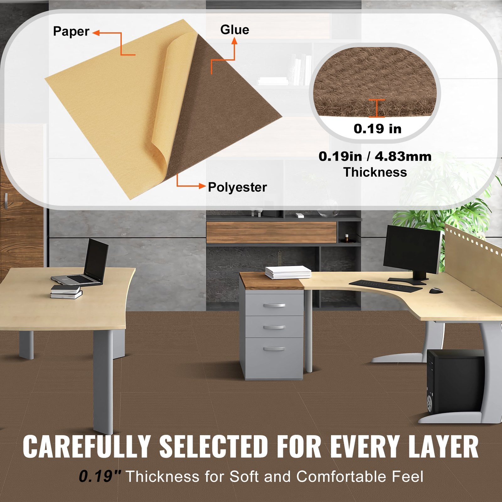 VEVOR Carpet Tiles Peel and Stick, Squares Self Adhesive Carpet Floor Tile, Soft Padded Carpet Tiles, Easy Install DIY for Bedroom Living Room Indoor Outdoor (10 Tiles, Dark Brown)