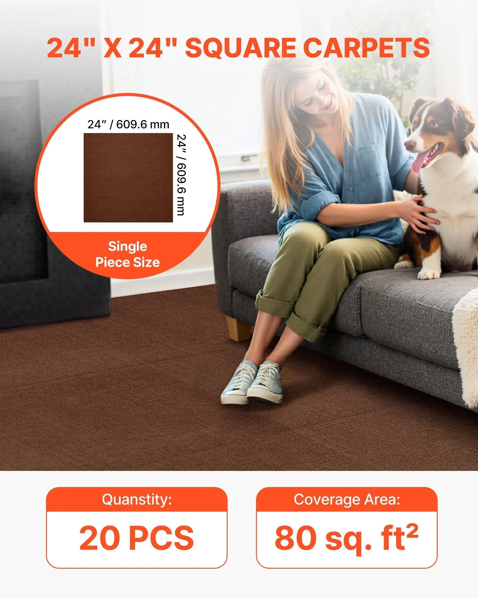 Carpet Tiles 610x610 mm, 20 PCS Peel and Stick Carpet Square Rug, Self Adhesive Commercial Floor Soft Padded for Seamless Cover 7.4㎡, Easy DIY Replacement for Living Room Office, Dark Brown