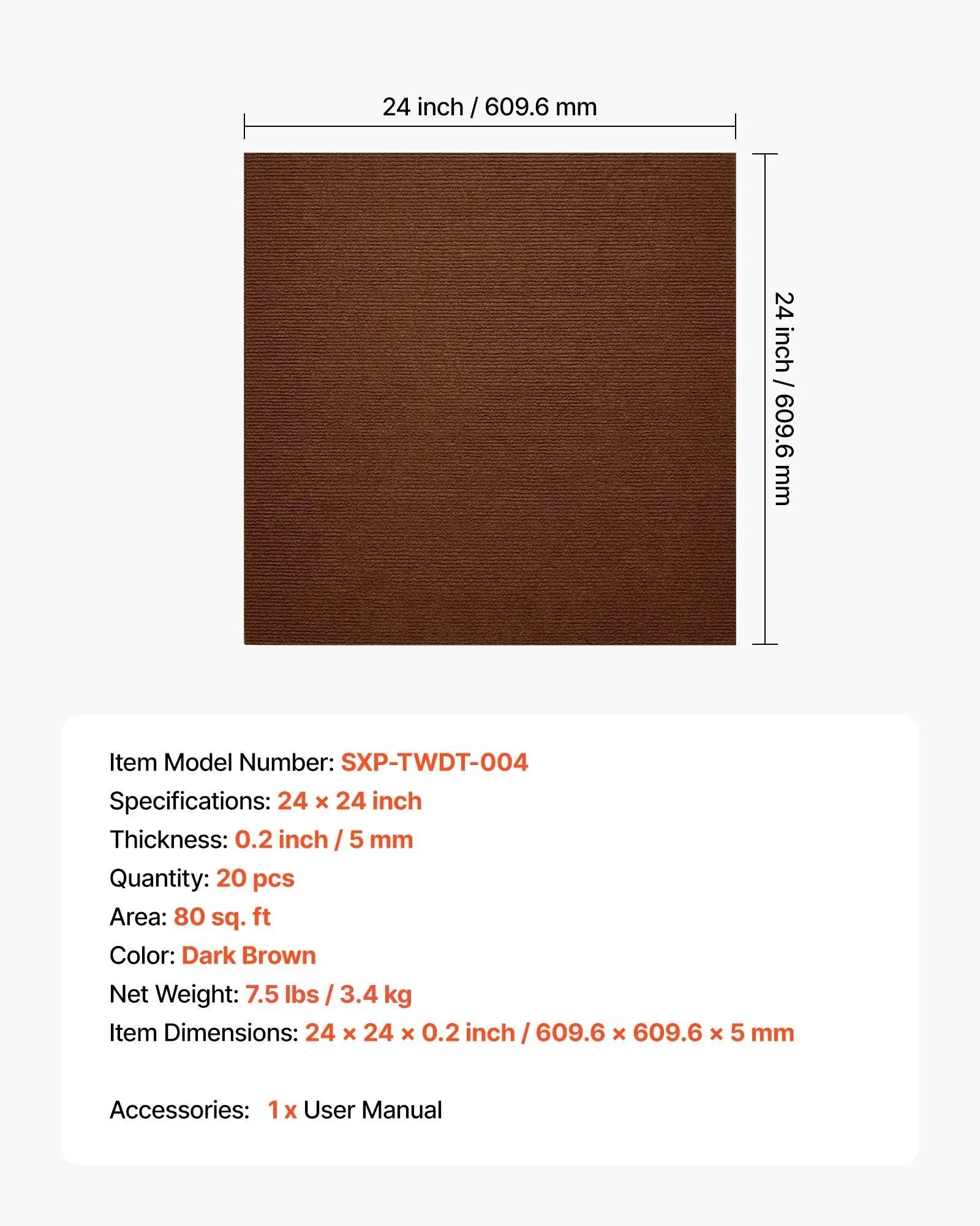 Carpet Tiles 610x610 mm, 20 PCS Peel and Stick Carpet Square Rug, Self Adhesive Commercial Floor Soft Padded for Seamless Cover 7.4㎡, Easy DIY Replacement for Living Room Office, Dark Brown