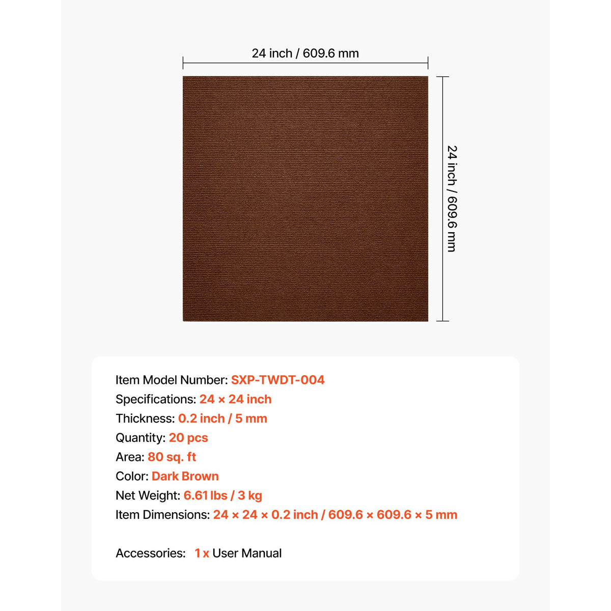 20PCS Peel & Stick Carpet Tiles 610x610mm Self Adhesive 7.4m² Dark Brown