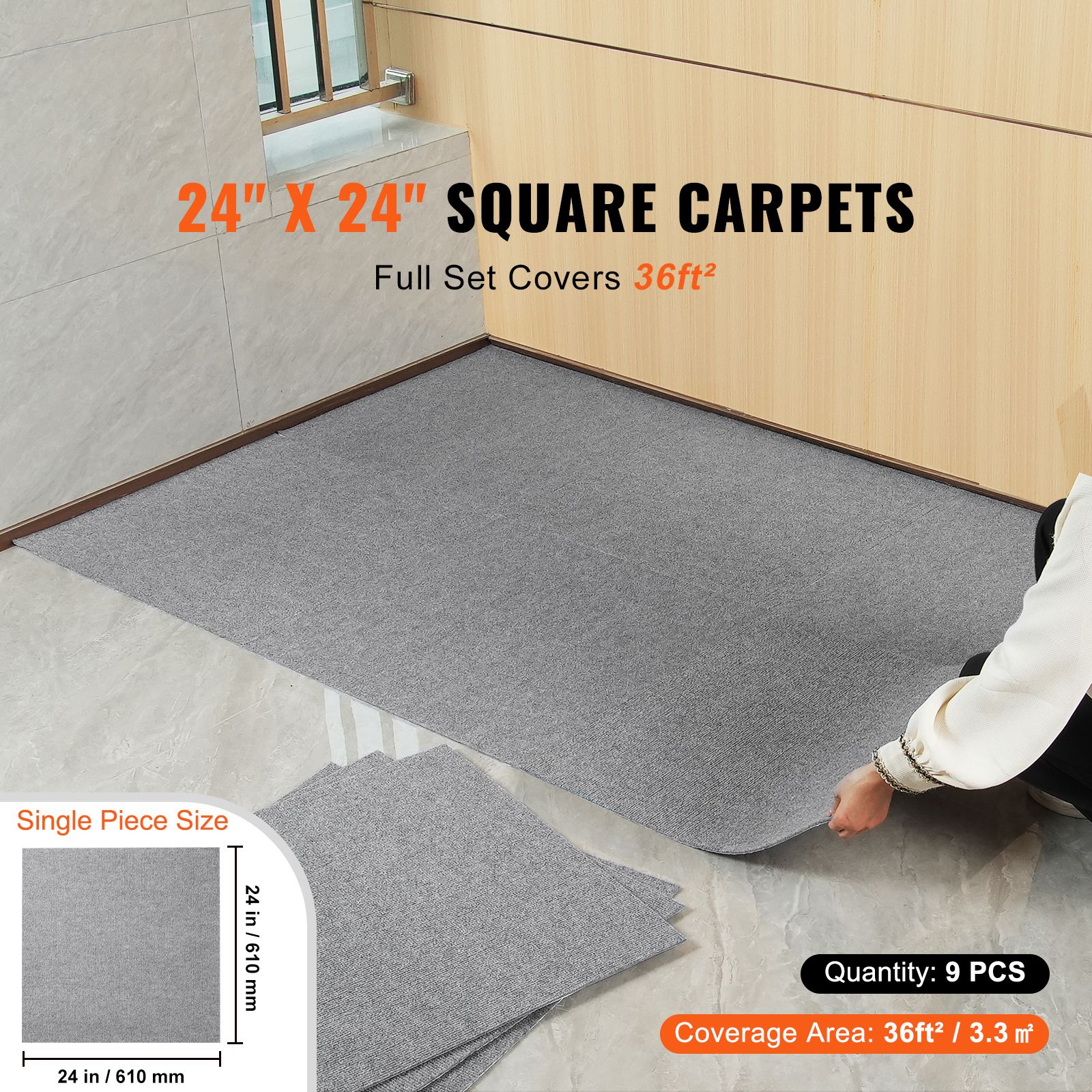 Carpet Tiles Peel and Stick, Squares Self Adhesive Carpet Floor Tile, Soft Padded Carpet Tiles, Easy Install DIY for Bedroom Living Room Indoor Outdoor (9Tiles, Light Gray)