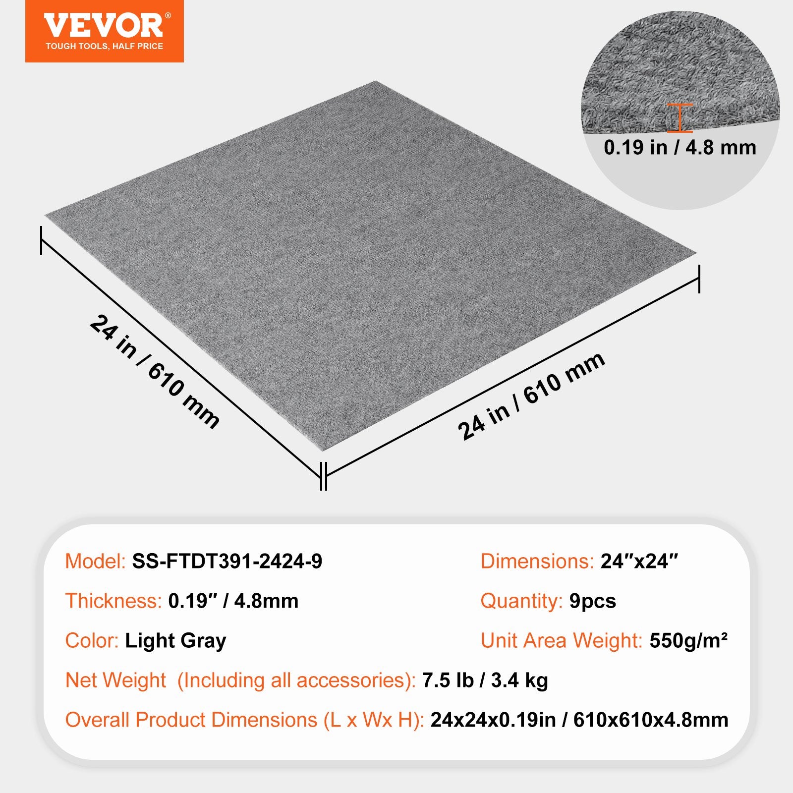Carpet Tiles Peel and Stick, Squares Self Adhesive Carpet Floor Tile, Soft Padded Carpet Tiles, Easy Install DIY for Bedroom Living Room Indoor Outdoor (9Tiles, Light Gray)