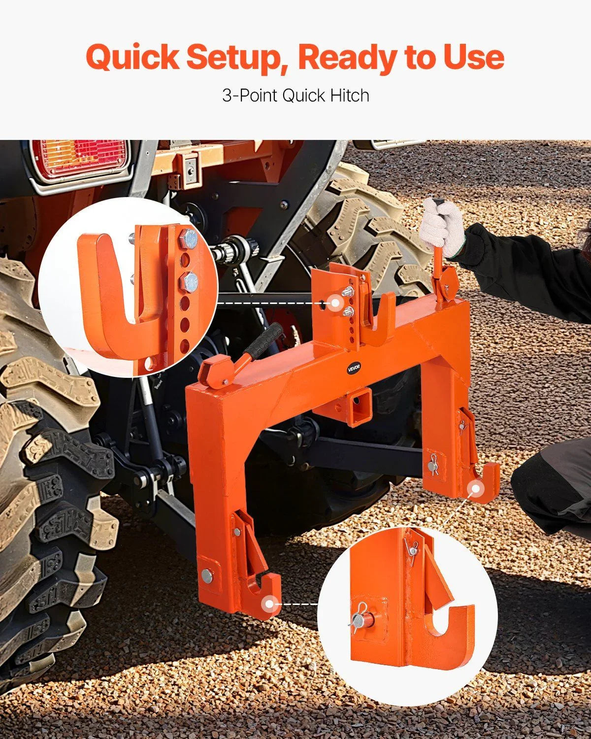 3-Point Quick Hitch with 2 in Receiver, 3000 Lbs Lift Capacity, 3-Pt Hitch with 5 Level Adjustable Bolt, Adaptation to Category 1 & 2 Tractor, Heavy Duty 3 Point Attachments, Orange