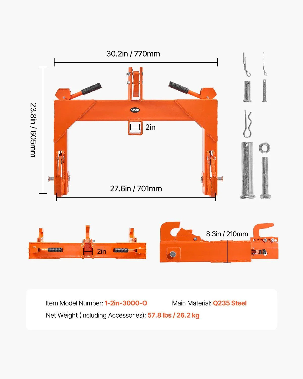 3-Point Quick Hitch with 2 in Receiver, 3000 Lbs Lift Capacity, 3-Pt Hitch with 5 Level Adjustable Bolt, Adaptation to Category 1 & 2 Tractor, Heavy Duty 3 Point Attachments, Orange