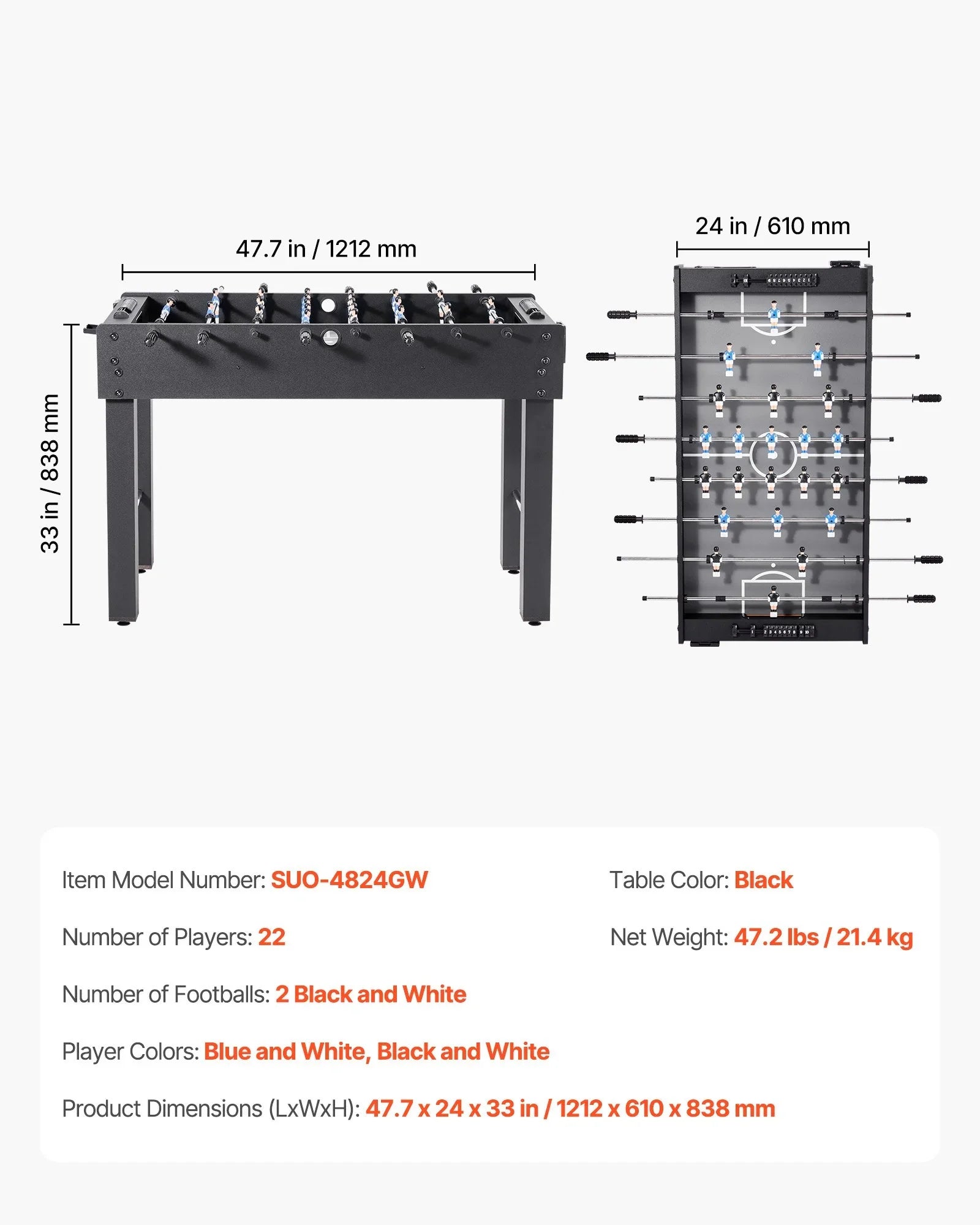 Foosball Table, 121 cm Standard Size Table, Indoor Full Size Foosball Tables for Home, Family, and Game Room, Durable Soccer Set, Includes 2 Balls, Score Keeper, and 2 Cup Holders