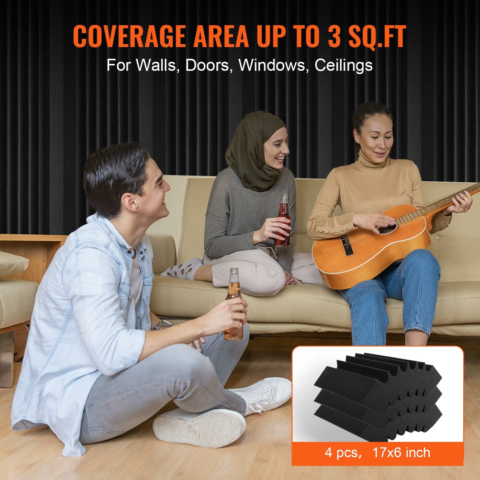 Acoustic Foam Panels 4 Pack 16.5 x 6.3 x 12 in Adhesive for Wall Ceiling