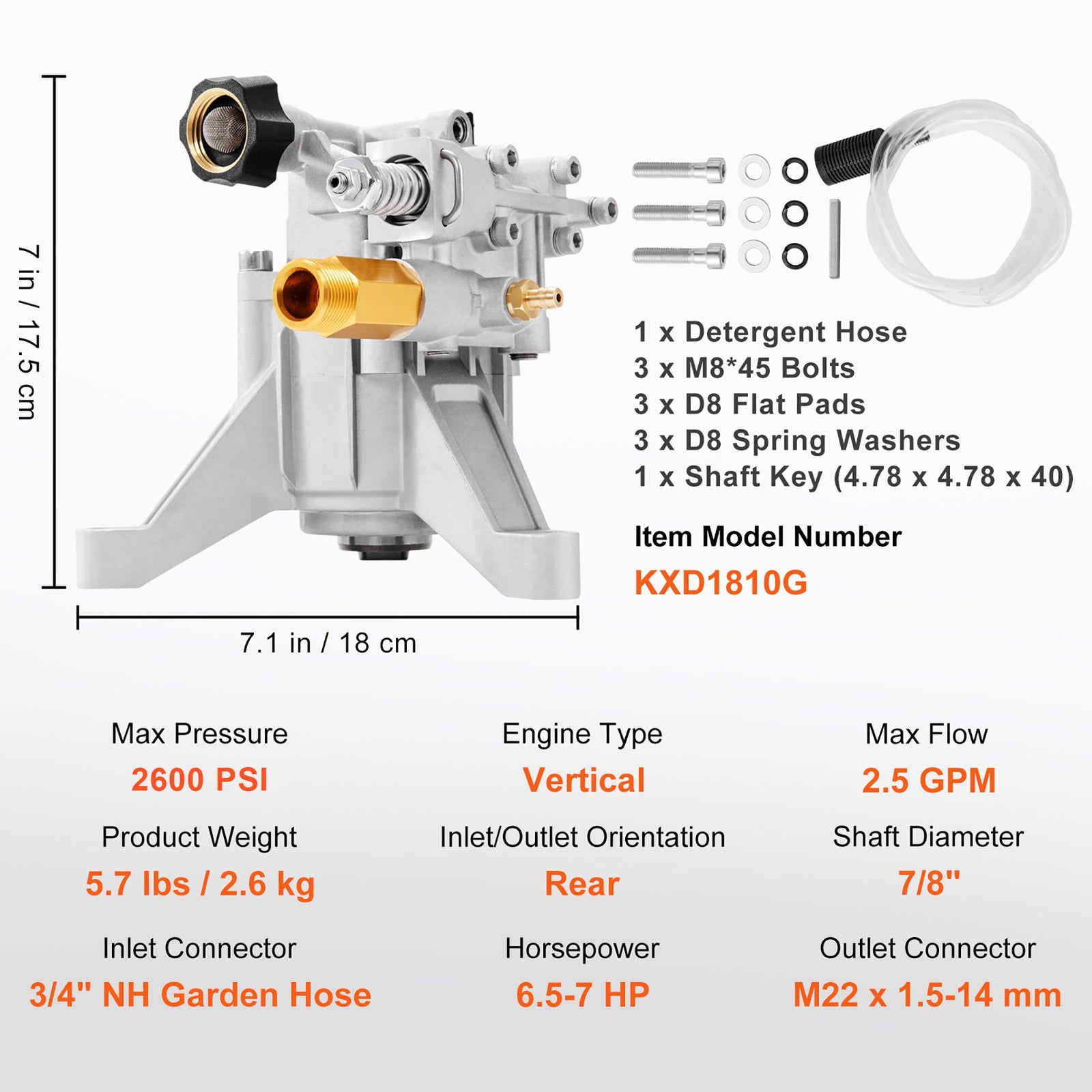 3400 PSI Pressure Washer Pump 22mm Shaft 2.5 GPM Replacement Kit