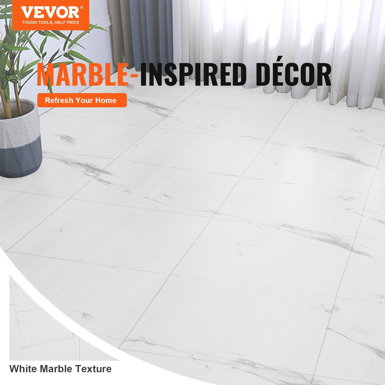 Self Adhesive Vinyl Floor Tiles 390 x 23.6 inch, 1.5mm Thick Peel & Stick, White Marble Texture DIY Flooring for Kitchen, Dining Room, Bedrooms & Bathrooms, Easy for Home Decor